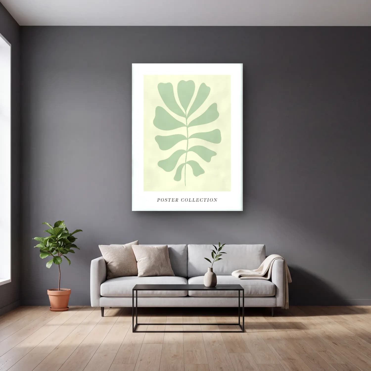 Boho Monstera Yaprağı No. 2 cam tablo — gri duvarlı salonda
