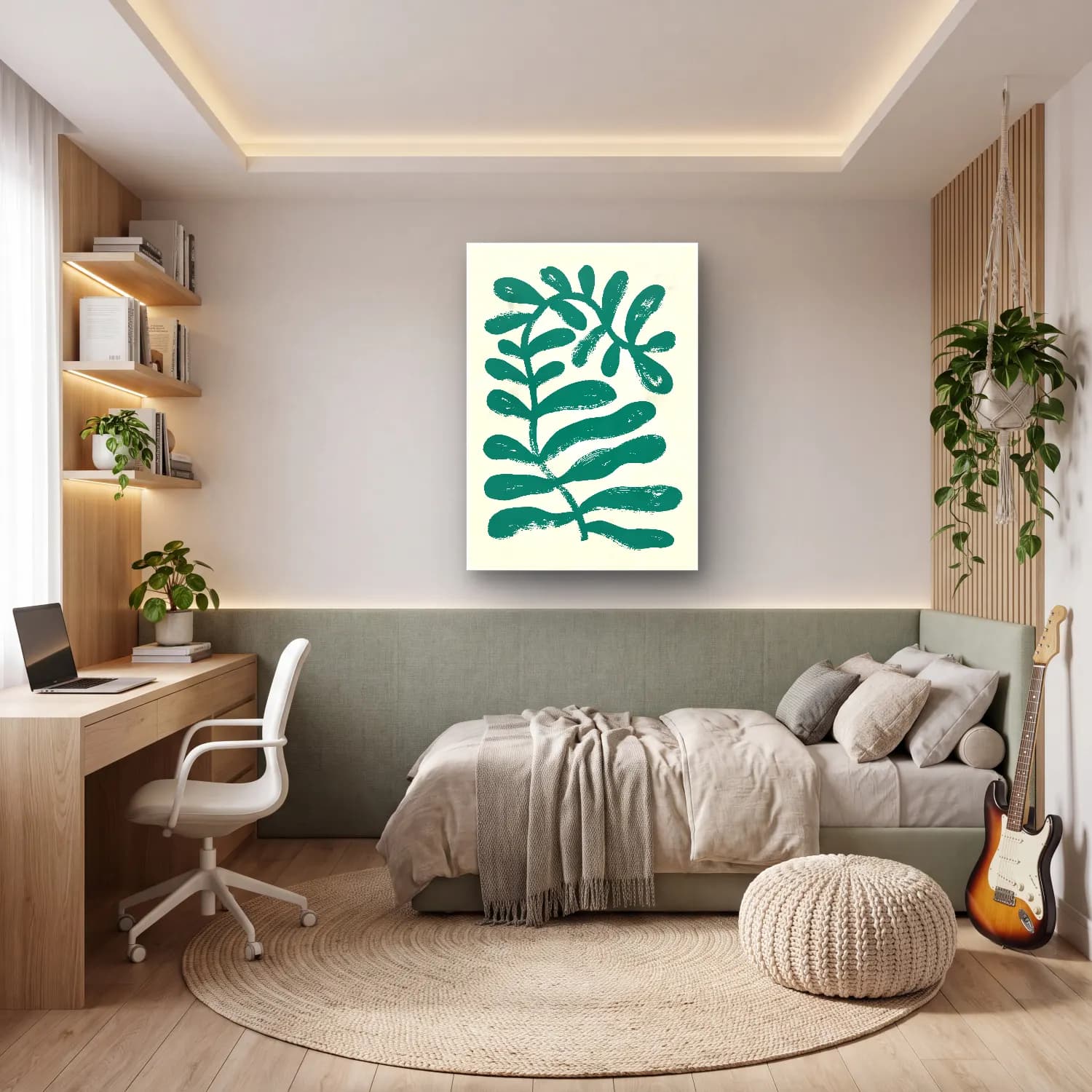 Boho Botanik Yapraklar – Turkuaz Tonlar cam tablo — genç odasında