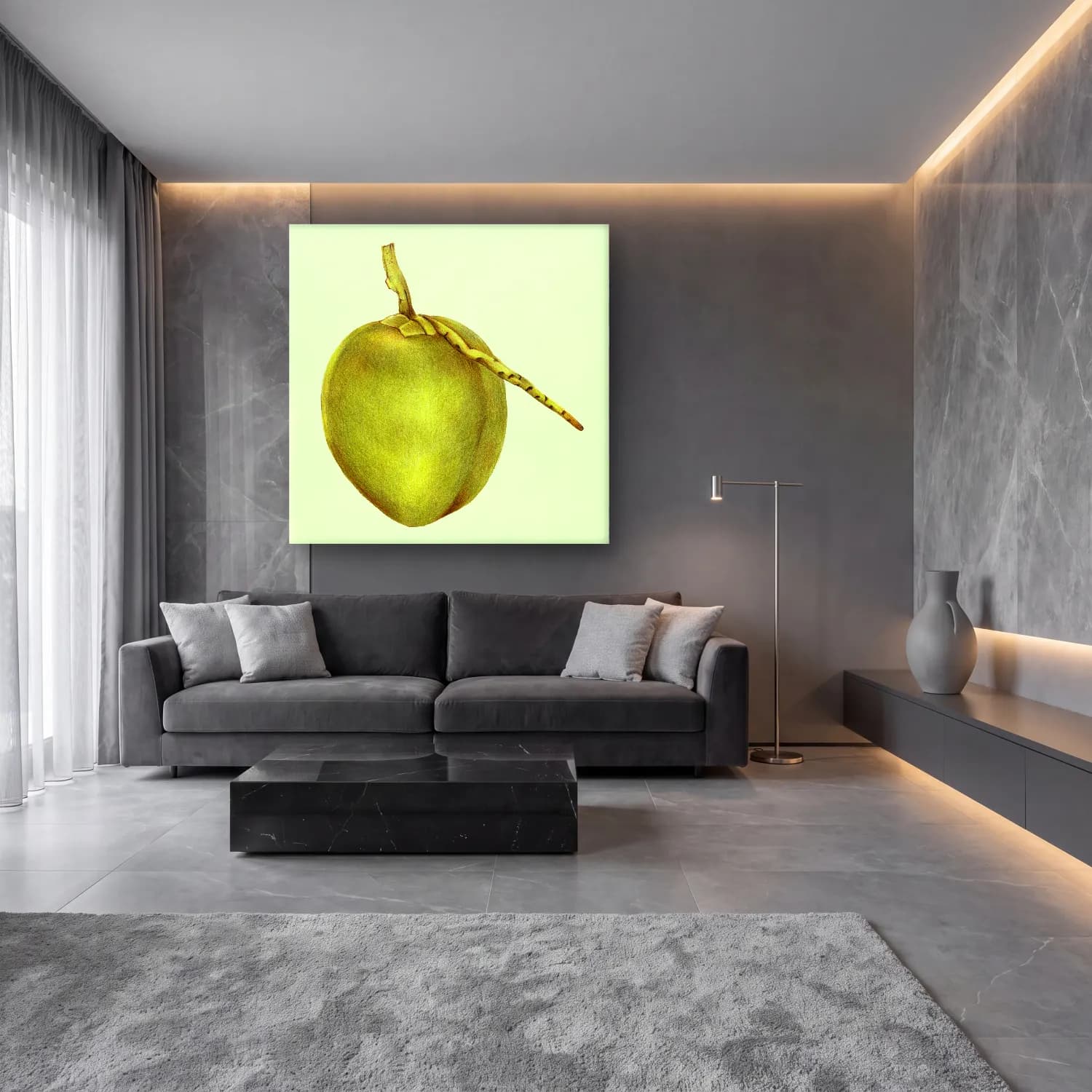 Botanik İllüstrasyon Limon Dalı No. 11 cam tablo — lüks salon duvarında