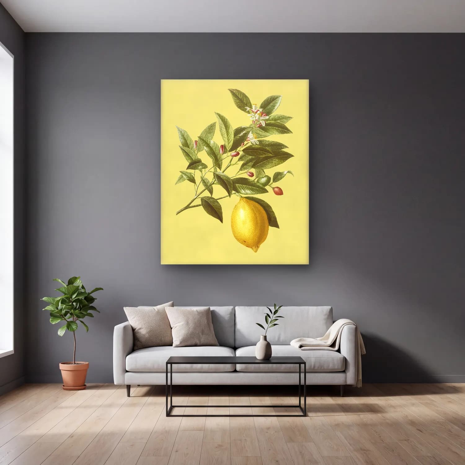Botanik İllüstrasyon Limon Dalı No. 14 cam tablo — gri duvarlı salonda