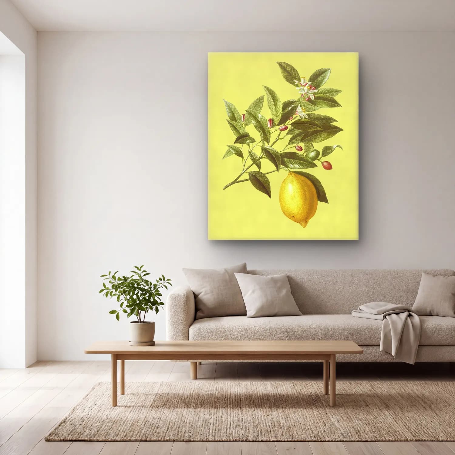 Botanik İllüstrasyon Limon Dalı No. 14 cam tablo — açık renk salonda