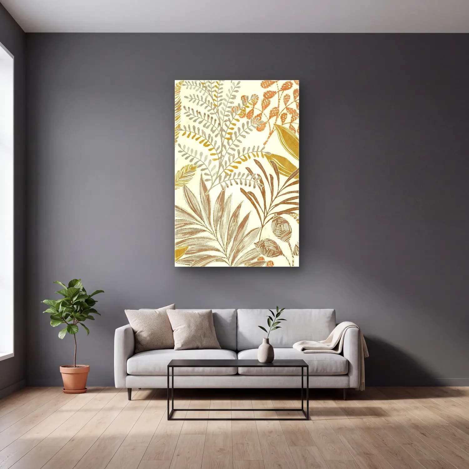 Boho Çiçek Deseni No. 91 cam tablo — gri duvarlı salonda