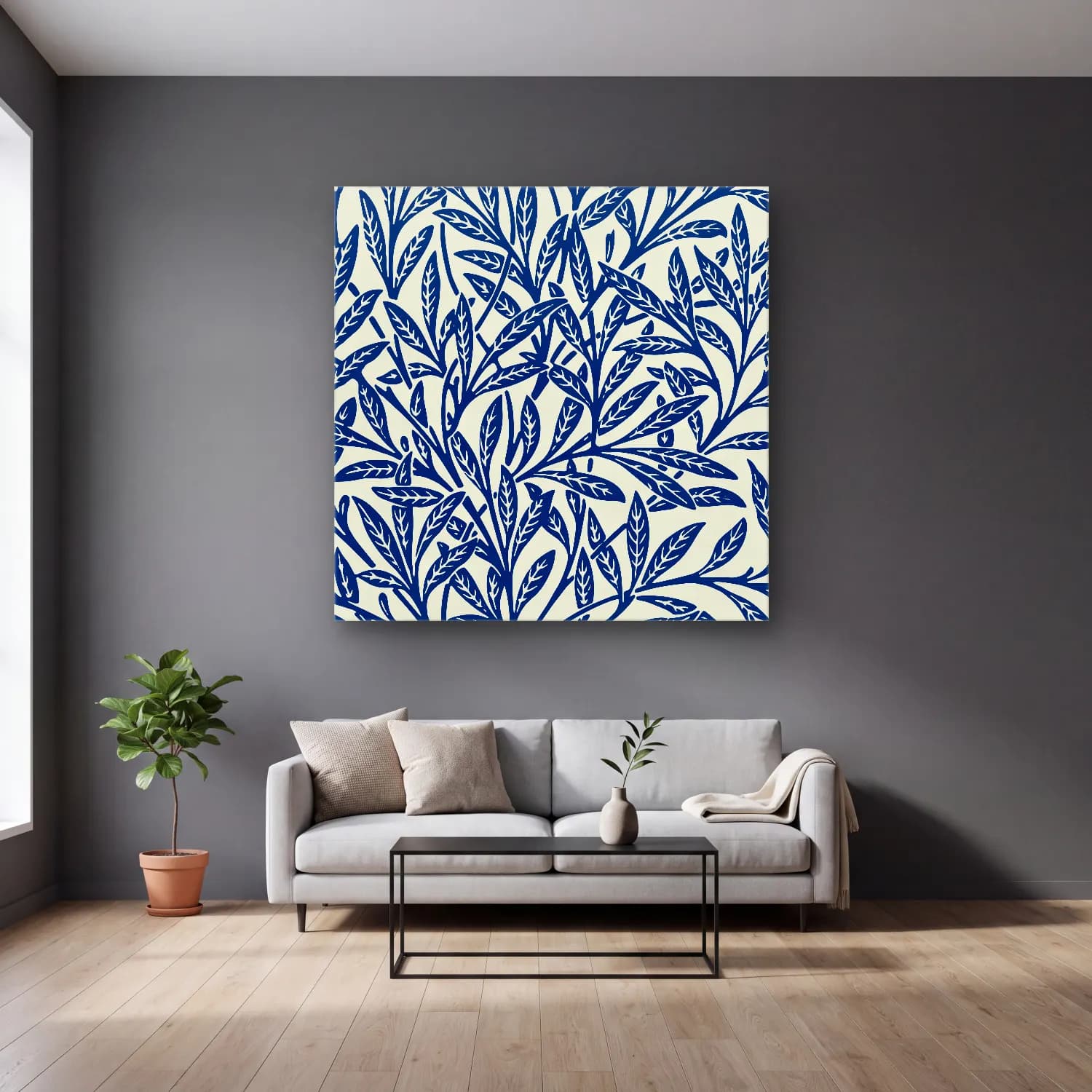 Boho Çiçek Deseni No. 103 cam tablo — gri duvarlı salonda
