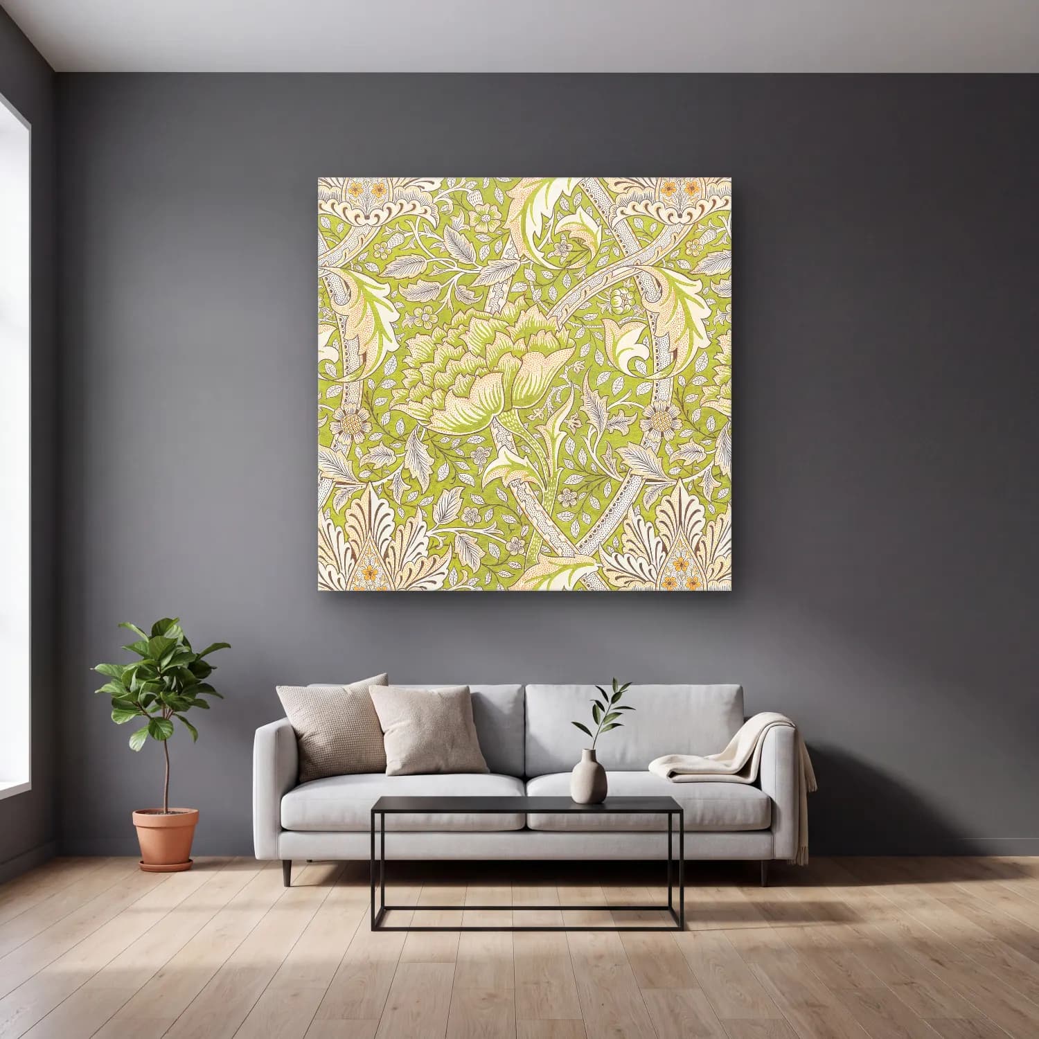 Pastel Çiçek Deseni No. 30 cam tablo — gri duvarlı salonda