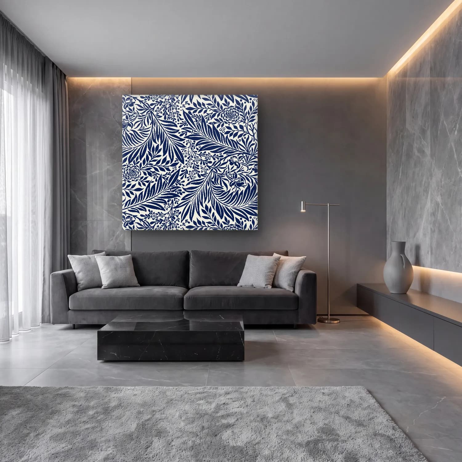 Boho Çiçek Deseni No. 102 cam tablo — lüks salon duvarında