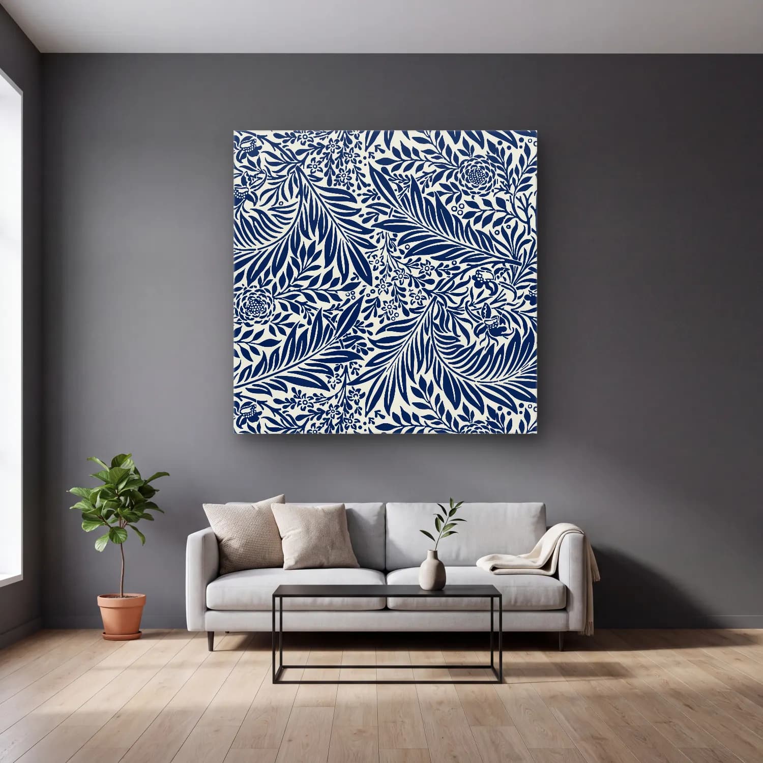 Boho Çiçek Deseni No. 102 cam tablo — gri duvarlı salonda