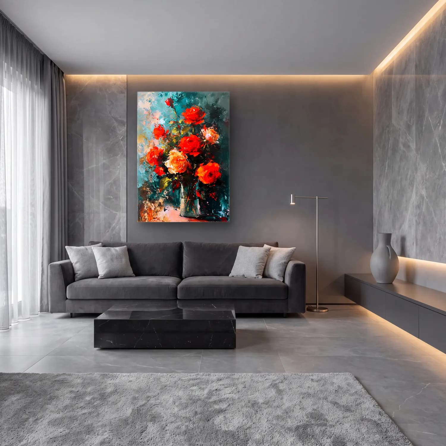 Yağlı Boya Güller No. 4 cam tablo — lüks salon duvarında