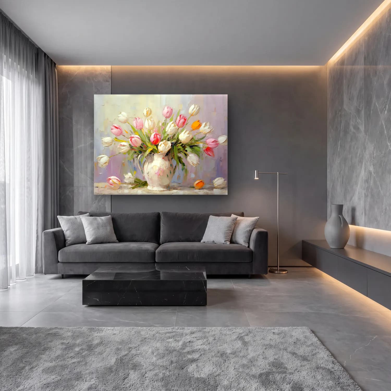 Yağlı Boya Laleler – Pastel Tonlar cam tablo — lüks salon duvarında