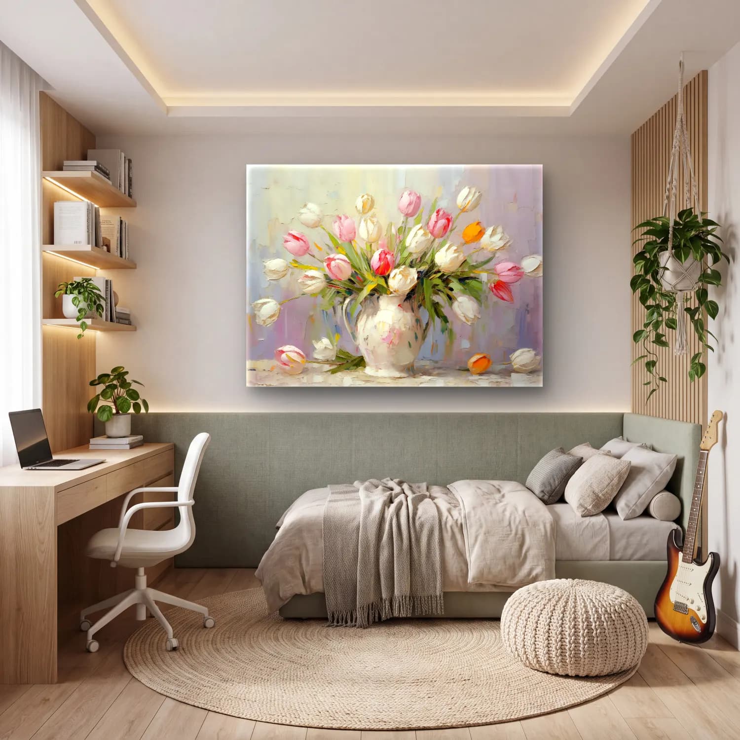 Yağlı Boya Laleler – Pastel Tonlar cam tablo — genç odasında