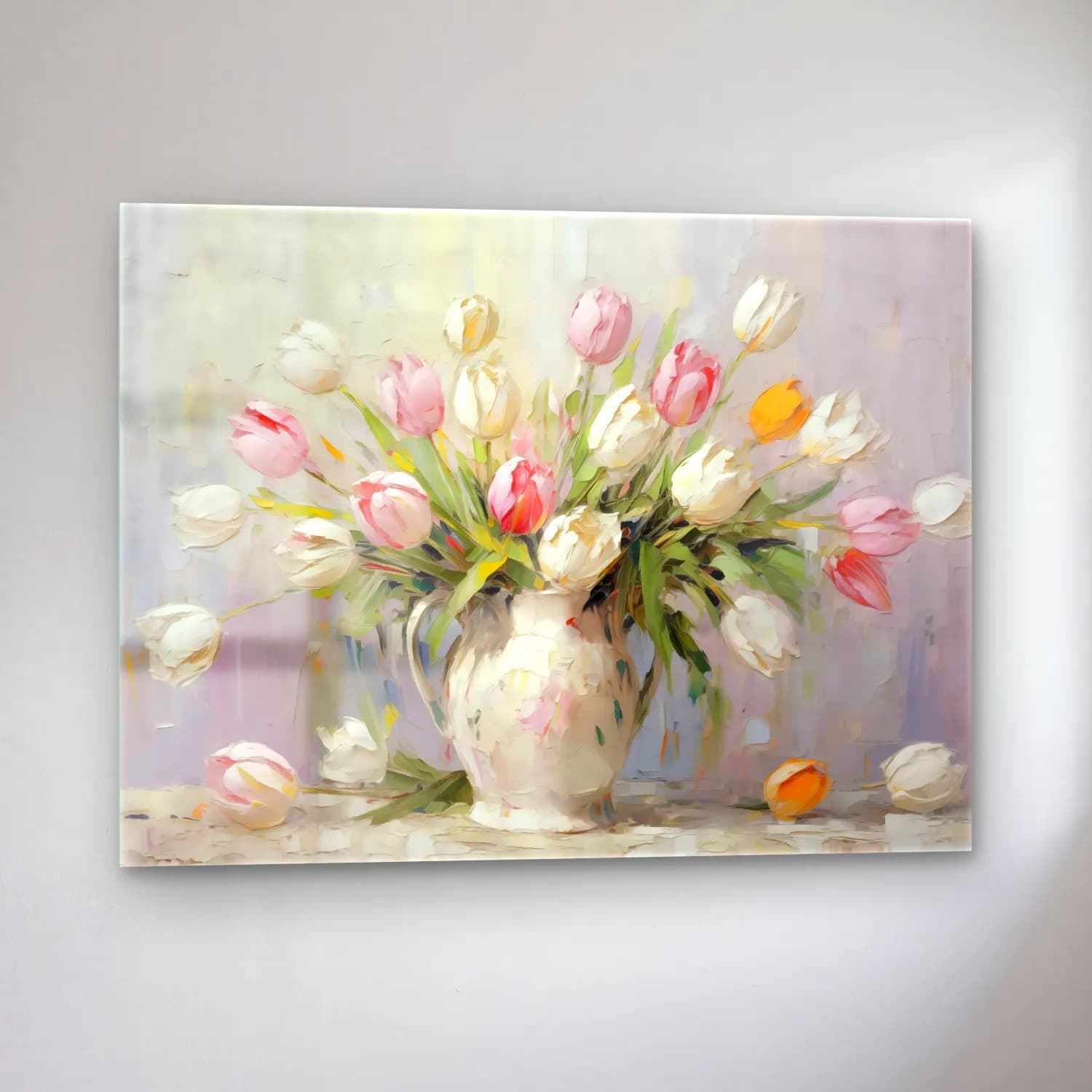 Yağlı Boya Laleler – Pastel Tonlar cam tablo — sol açıdan görünüm