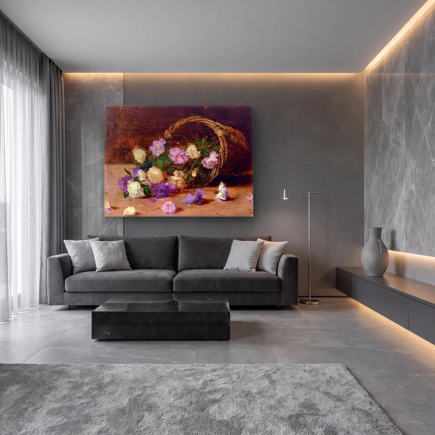 Yağlı Boya Sepette Mantarlar – Mor Tonlar cam tablo — lüks salon duvarında