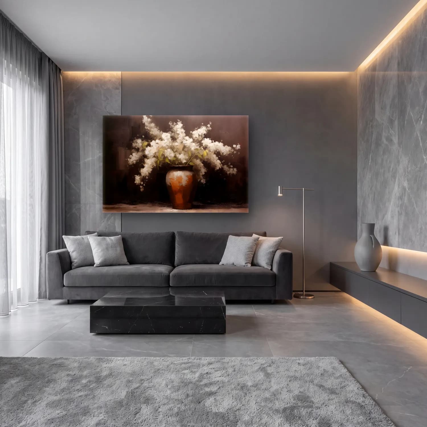 Yağlı Boya Vazo – Siyah Beyaz Tonlar cam tablo — lüks salon duvarında