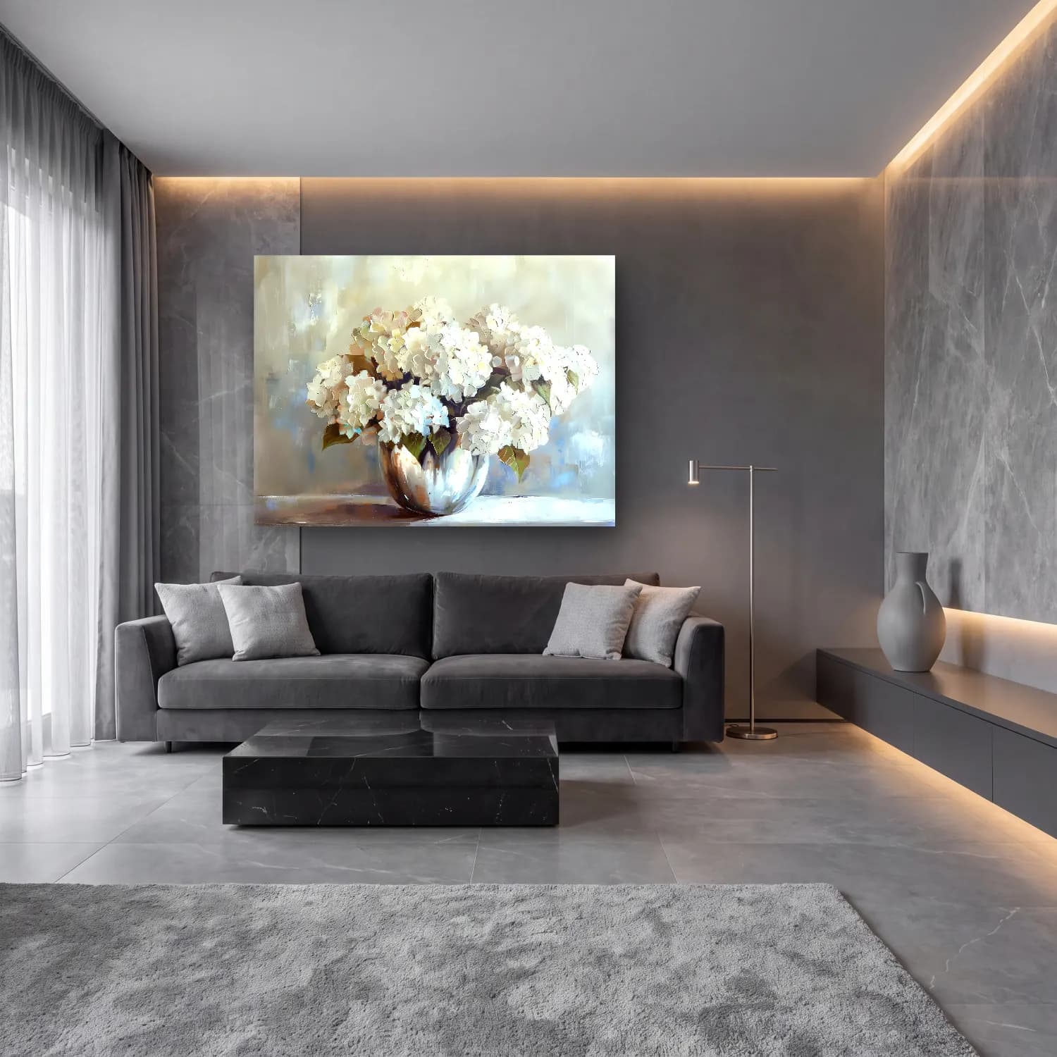Yağlı Boya Ortancalar – Bej Tonlar cam tablo — lüks salon duvarında
