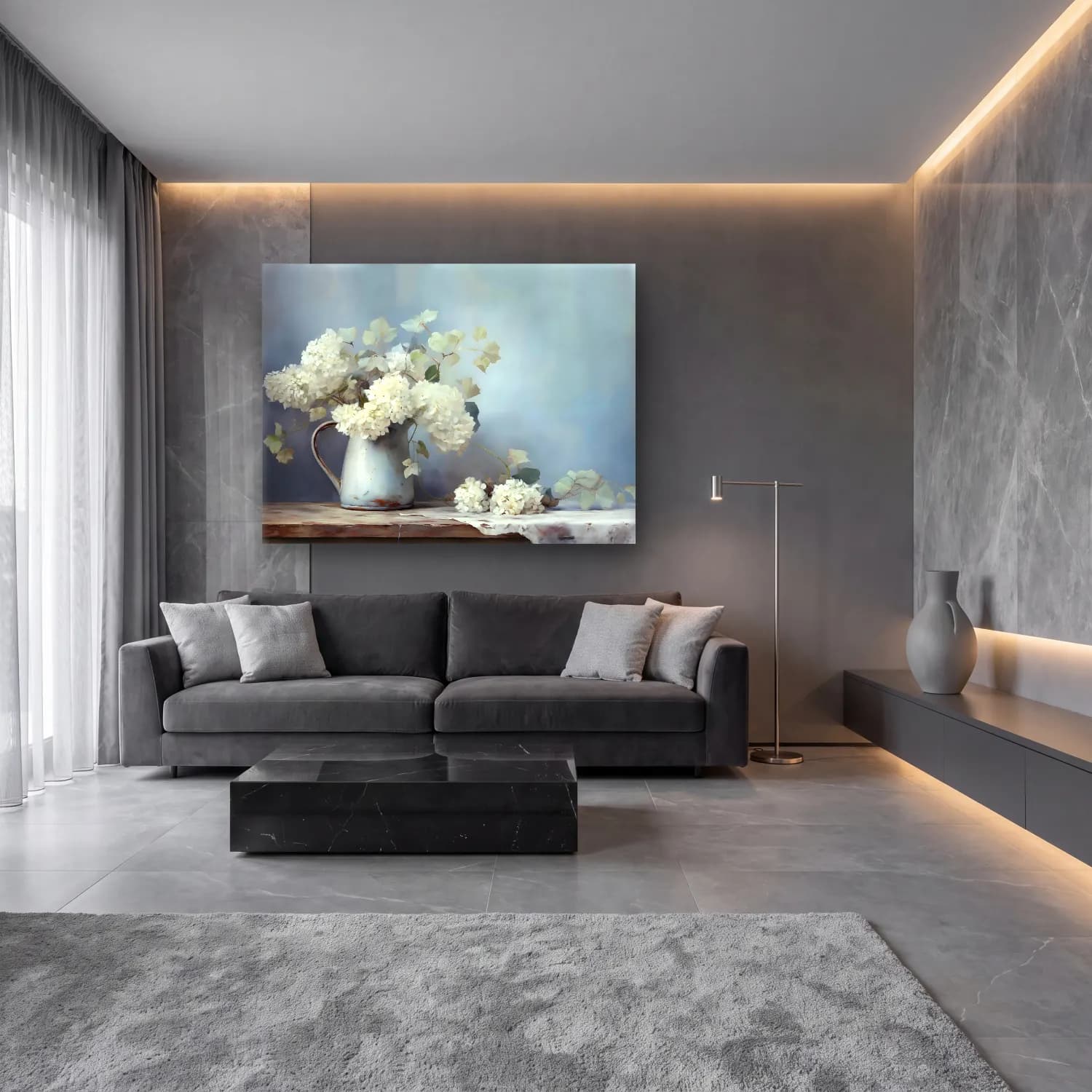 Yağlı Boya Ortancalar – Pastel Tonlar cam tablo — lüks salon duvarında