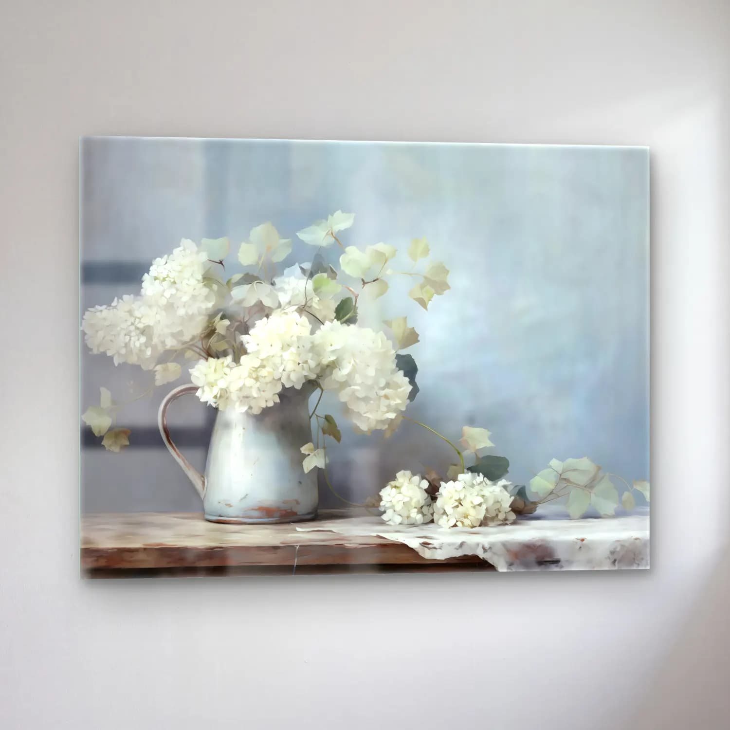 Yağlı Boya Ortancalar – Pastel Tonlar cam tablo — sol açıdan görünüm
