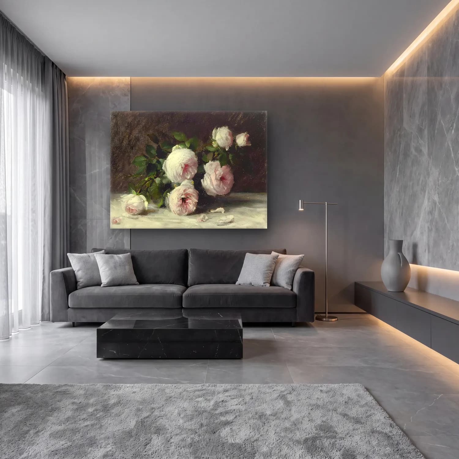 Yağlı Boya Güller No. 12 cam tablo — lüks salon duvarında