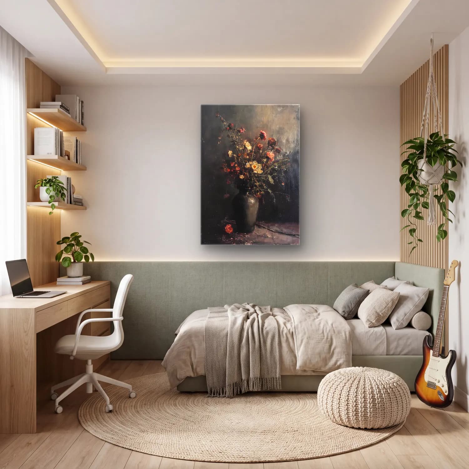 Yağlı Boya Vazoda Çiçek Buketi No. 14 cam tablo — genç odasında