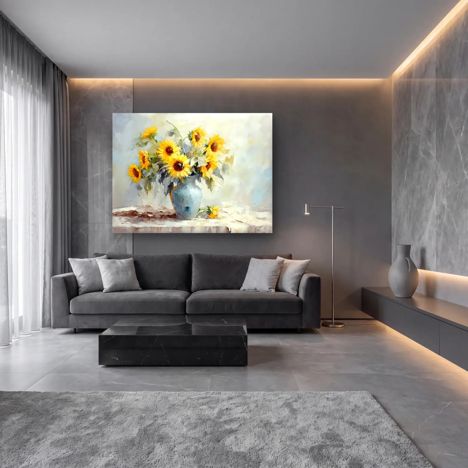 Yağlı Boya Ayçiçekleri No. 4 cam tablo — lüks salon duvarında