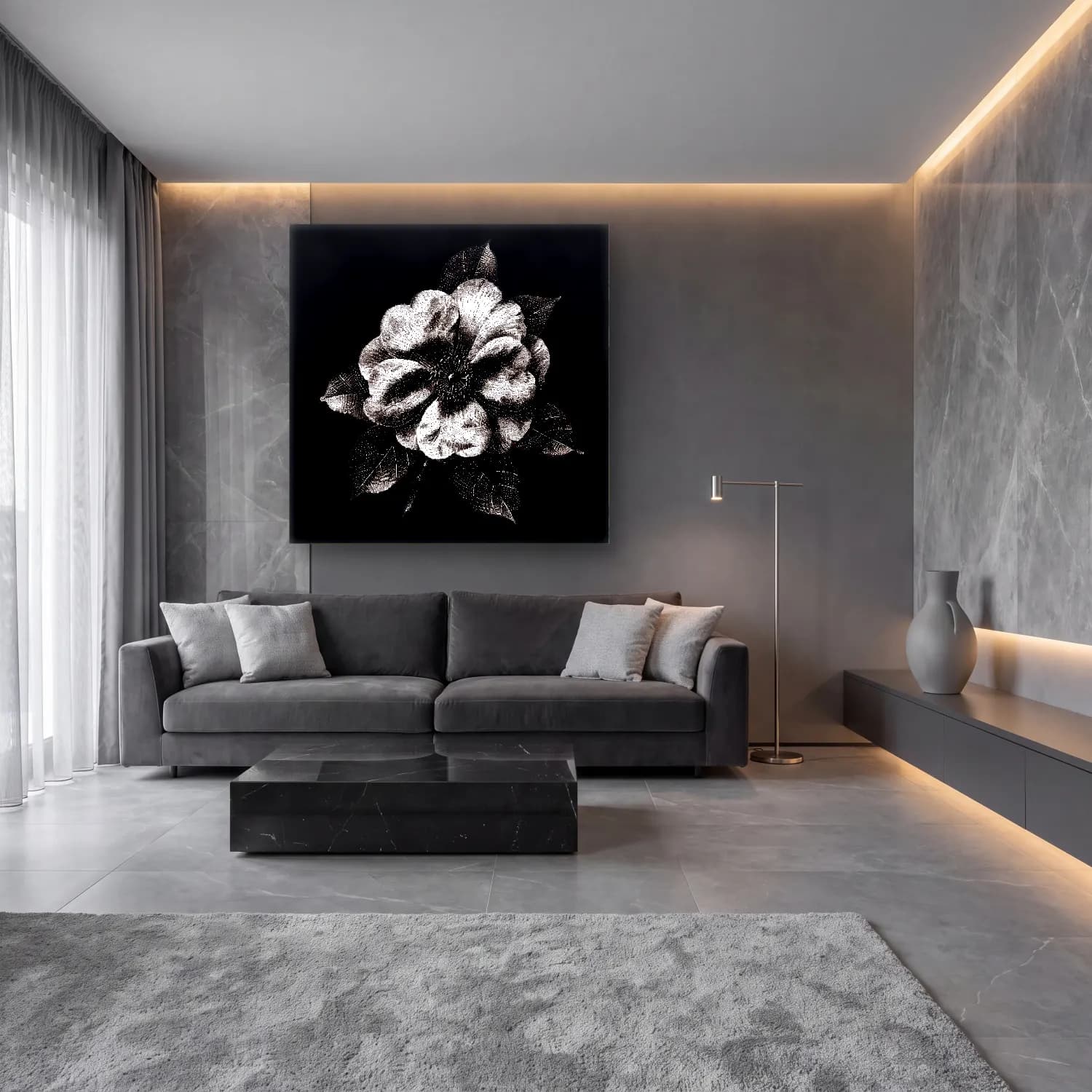 Siyah Beyaz Çiçek Deseni No. 3 cam tablo — lüks salon duvarında