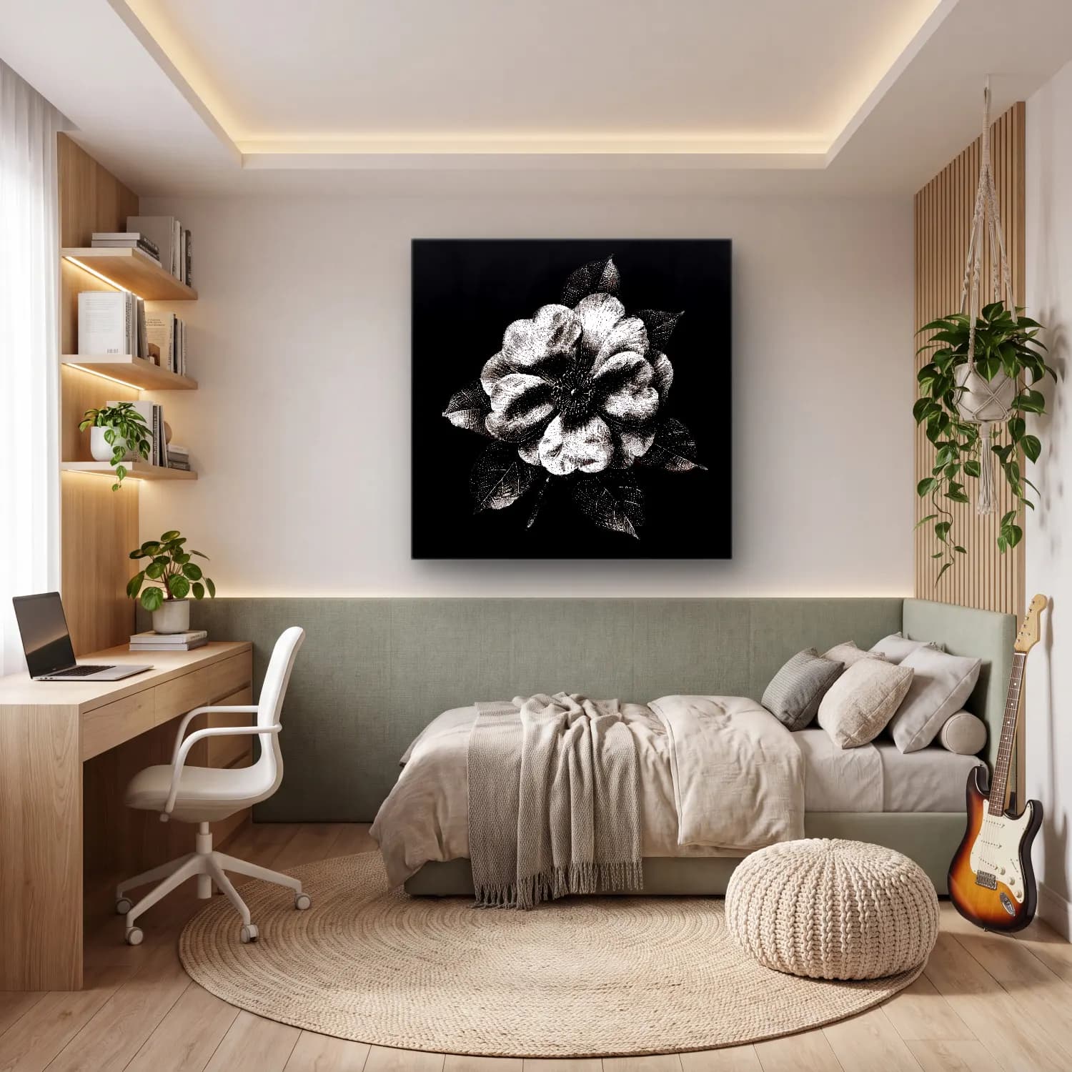 Siyah Beyaz Çiçek Deseni No. 3 cam tablo — genç odasında