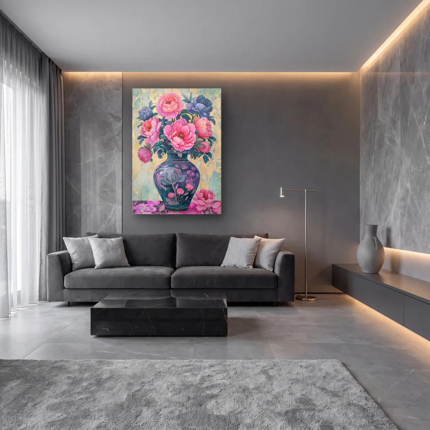 Pastel Pembe Şakayıklar No. 3 cam tablo — lüks salon duvarında