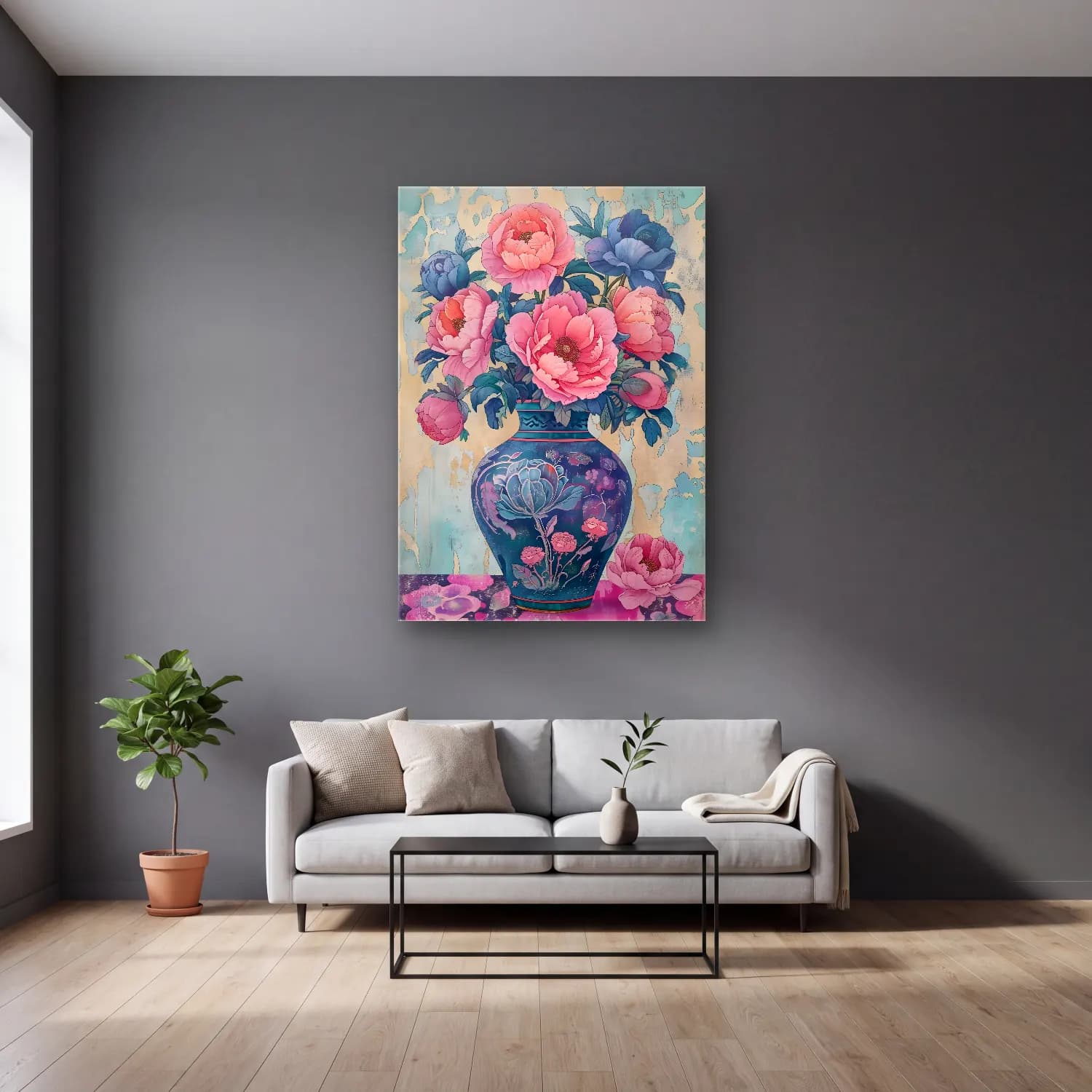Pastel Pembe Şakayıklar No. 3 cam tablo — gri duvarlı salonda
