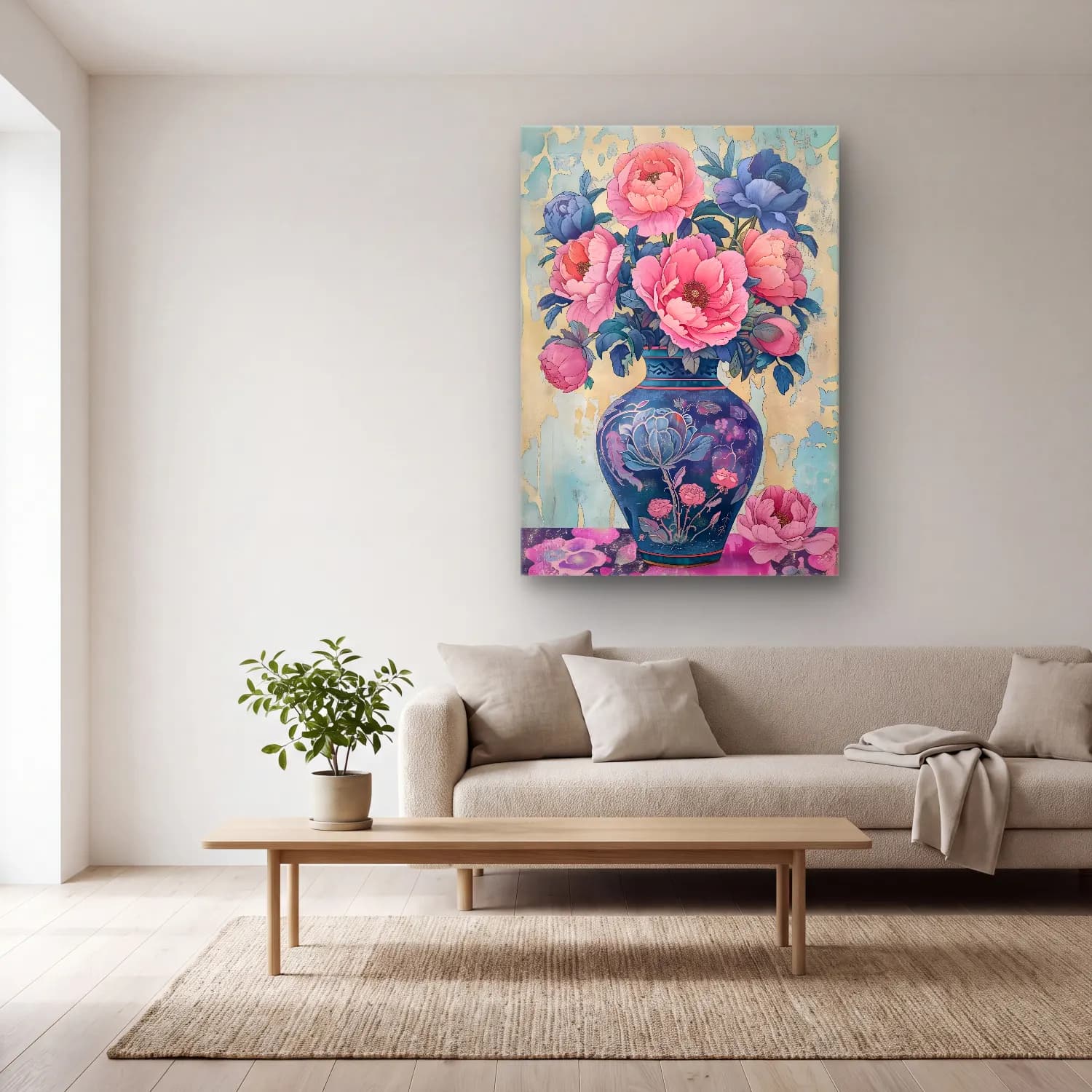 Pastel Pembe Şakayıklar No. 3 cam tablo — açık renk salonda