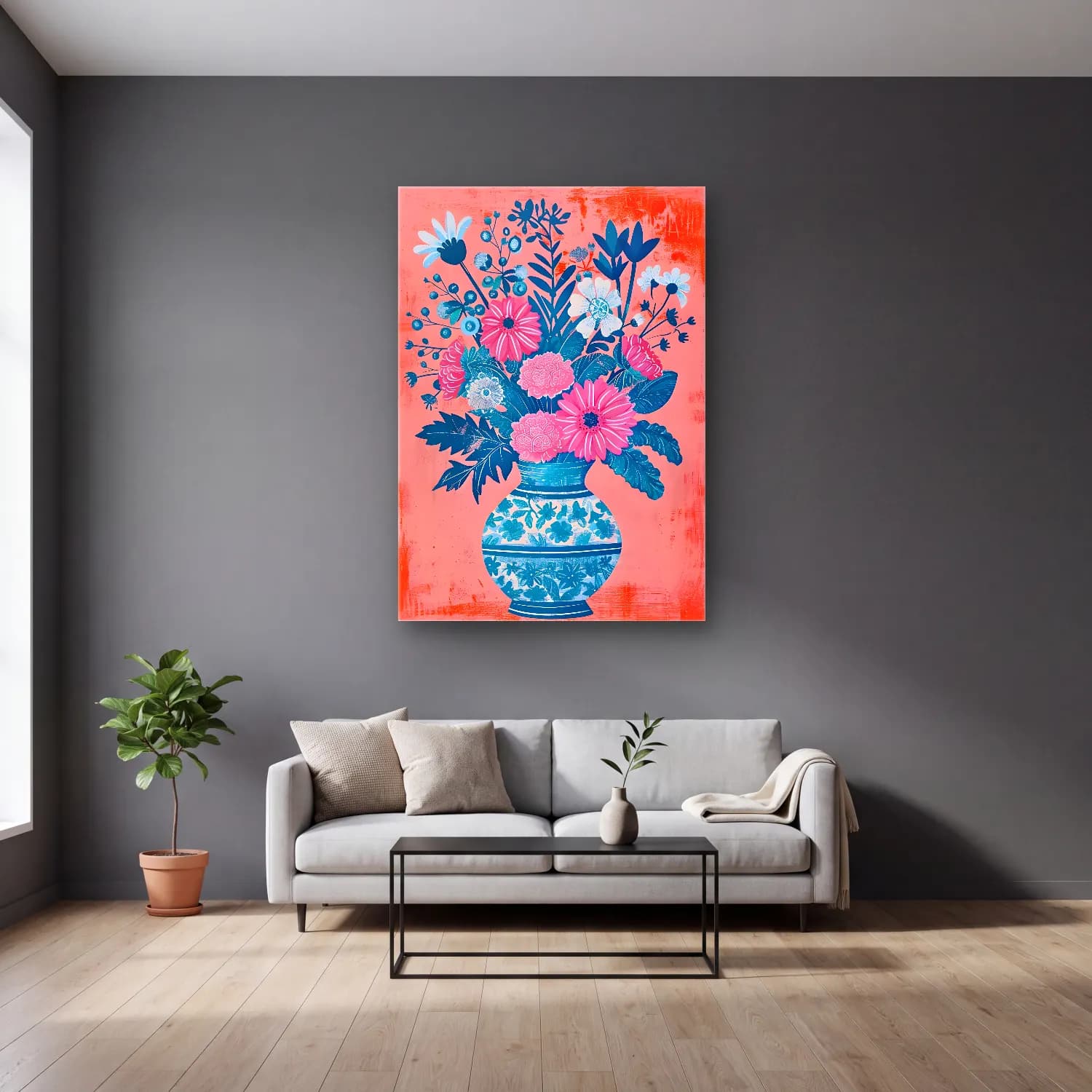 Pastel Vazoda Çiçek Buketi No. 2 cam tablo — gri duvarlı salonda
