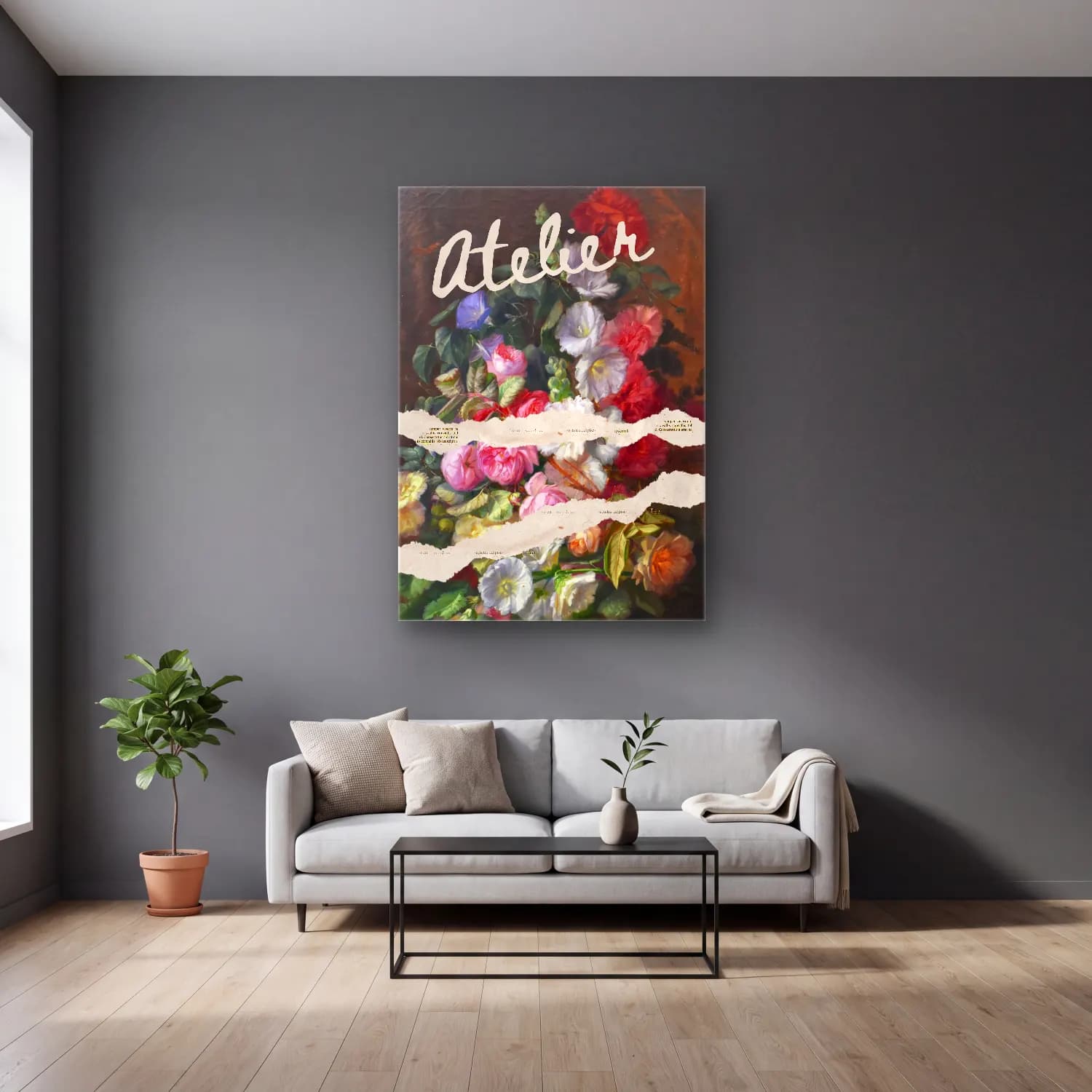 Vintage Poster Güller cam tablo — gri duvarlı salonda
