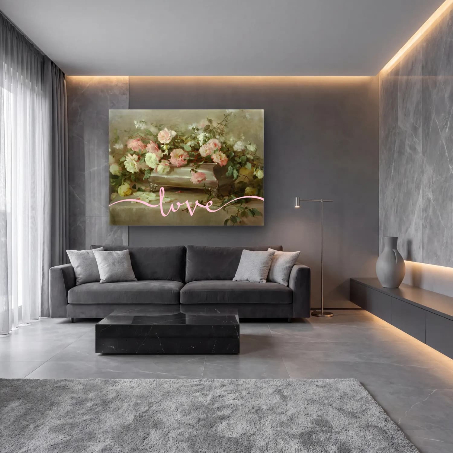 Pastel Güller No. 3 cam tablo — lüks salon duvarında