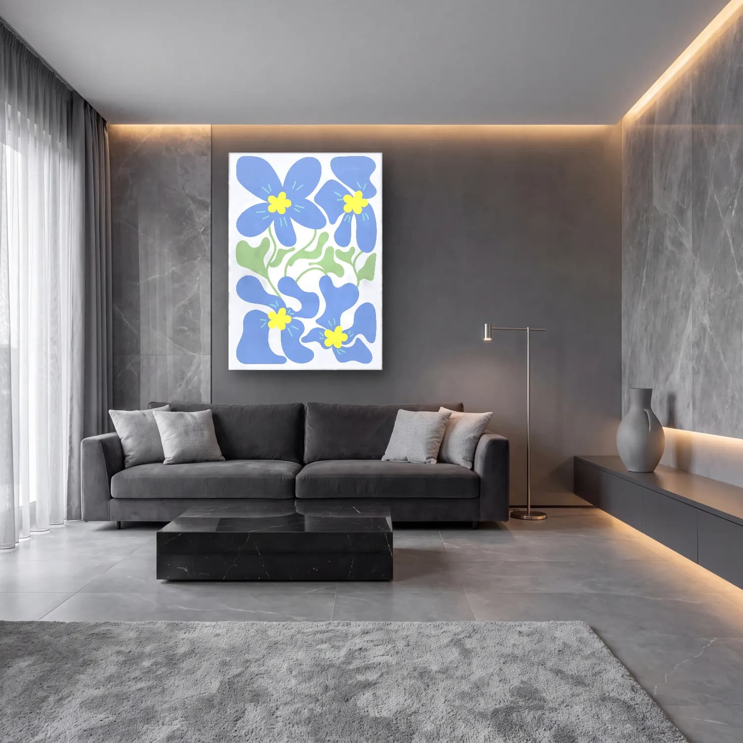 Pastel Çiçek Deseni No. 20 cam tablo — lüks salon duvarında
