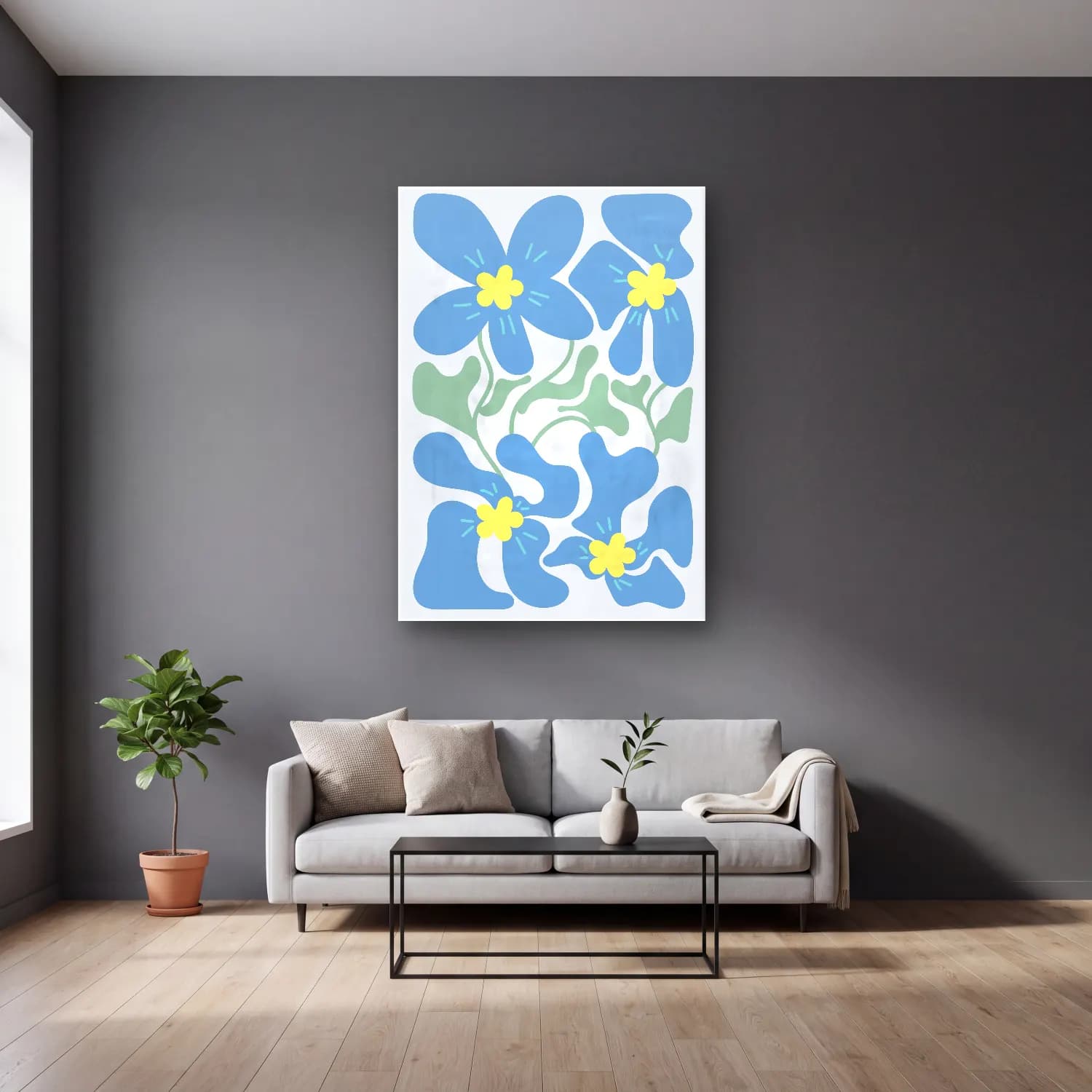 Pastel Çiçek Deseni No. 20 cam tablo — gri duvarlı salonda