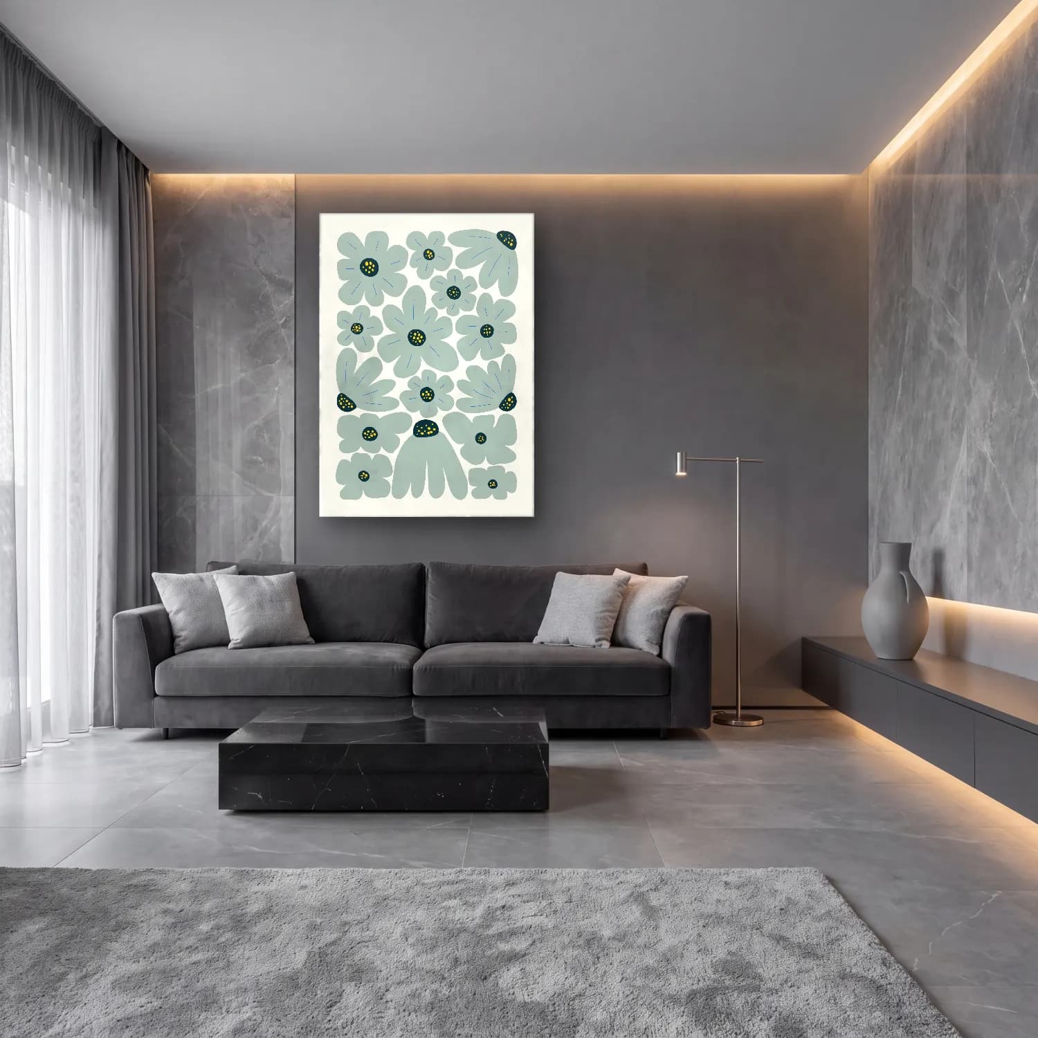 Boho Çiçek Deseni No. 16 cam tablo — lüks salon duvarında