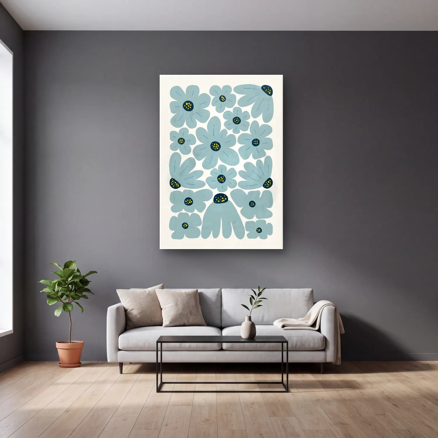 Boho Çiçek Deseni No. 16 cam tablo — gri duvarlı salonda