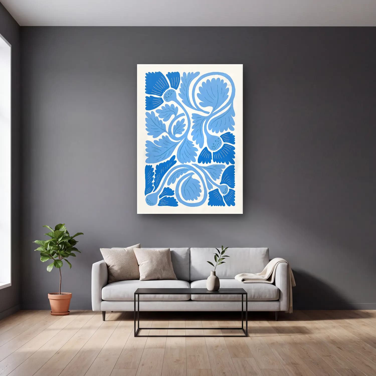 Boho Çiçek Deseni No. 17 cam tablo — gri duvarlı salonda
