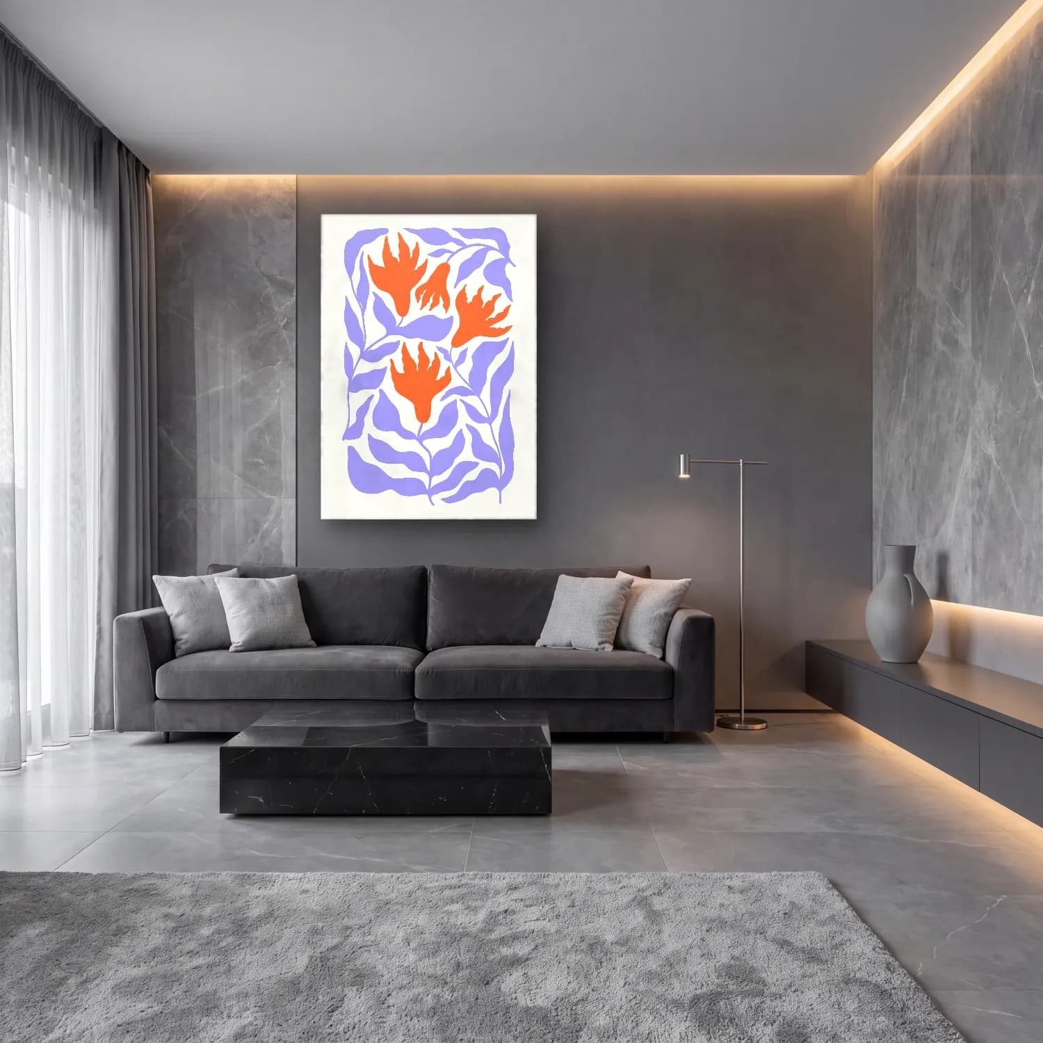 Boho Çiçek Deseni No. 18 cam tablo — lüks salon duvarında