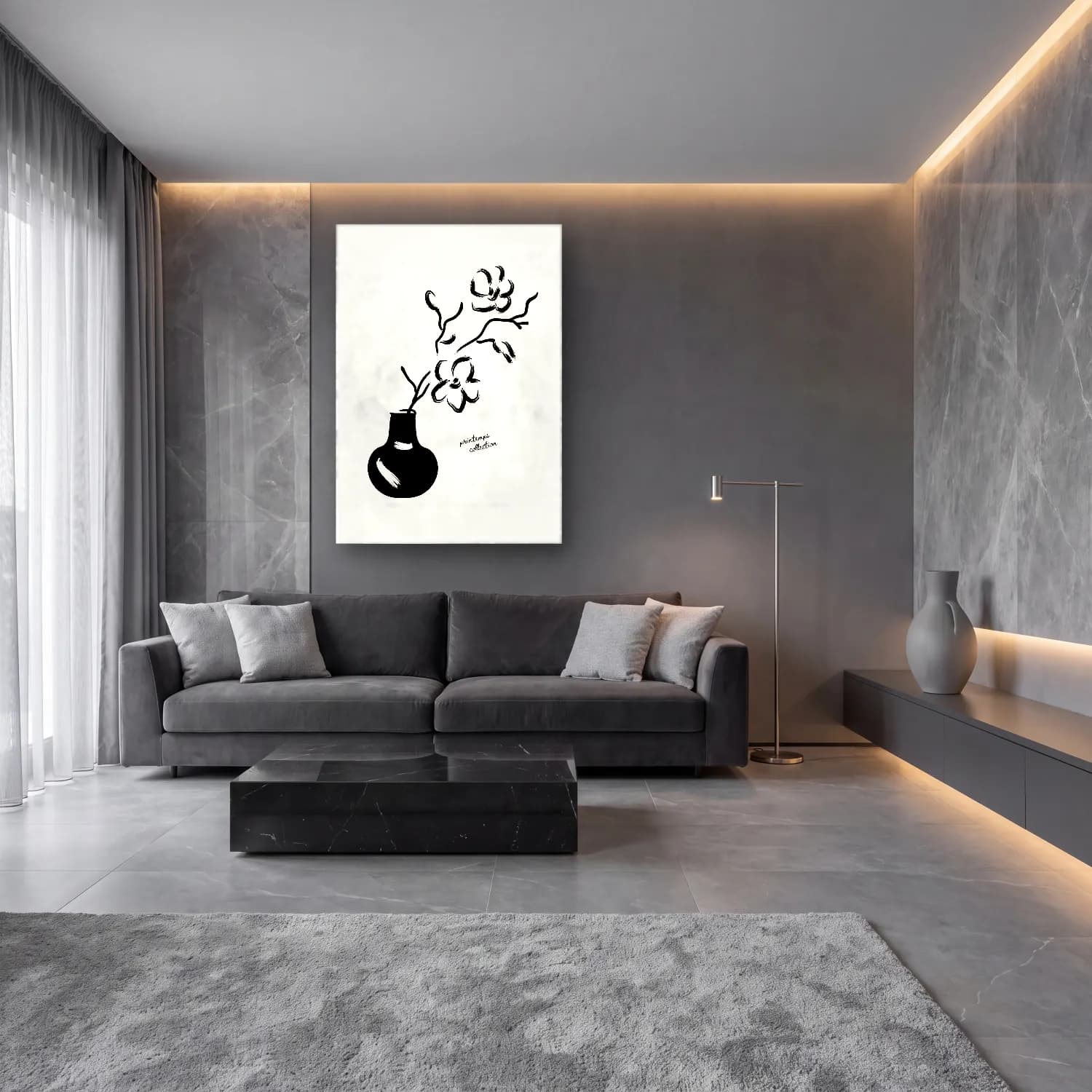 Çizgi Sanatı Vazo No. 2 cam tablo — lüks salon duvarında