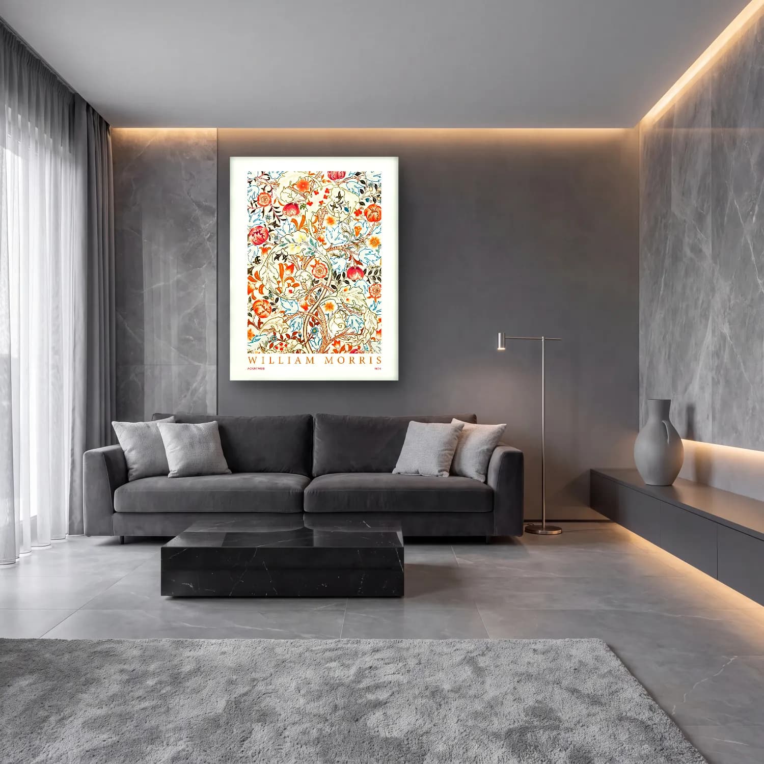 Maksimalist Çiçek Deseni No. 11 cam tablo — lüks salon duvarında