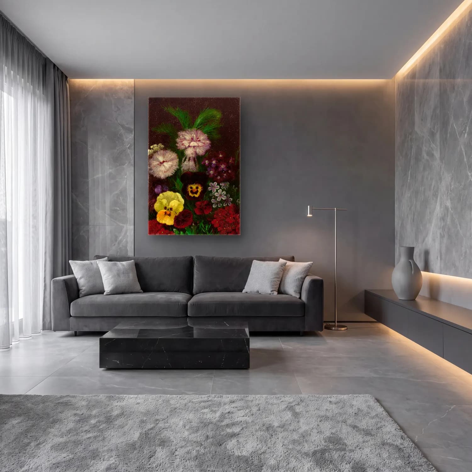 Yağlı Boya Vazoda Çiçek Buketi No. 16 cam tablo — lüks salon duvarında