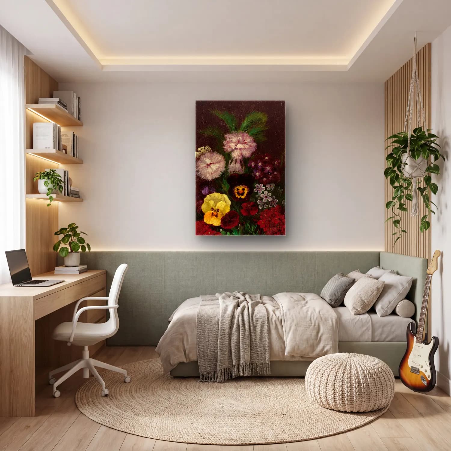 Yağlı Boya Vazoda Çiçek Buketi No. 16 cam tablo — genç odasında