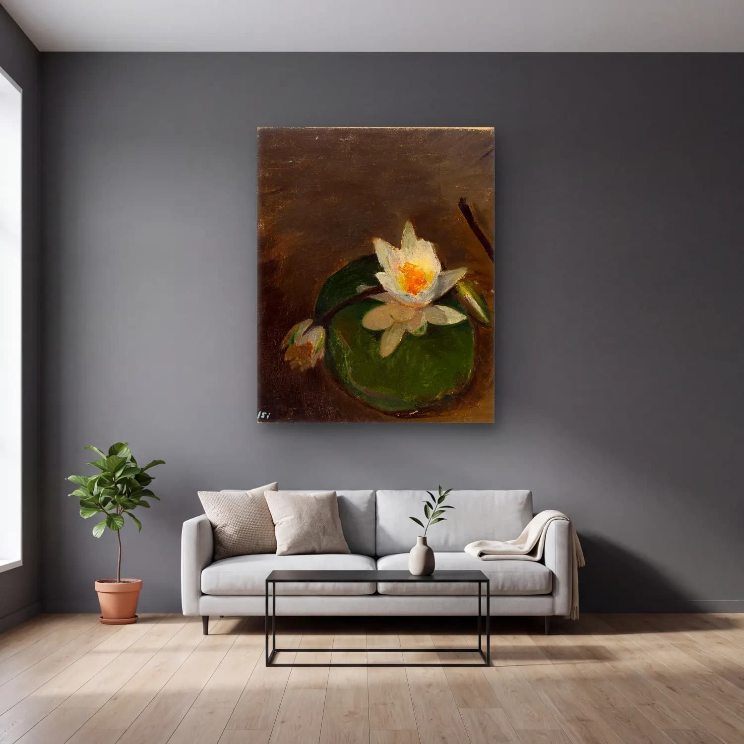 Yağlı Boya Lotus Çiçekleri cam tablo — gri duvarlı salonda