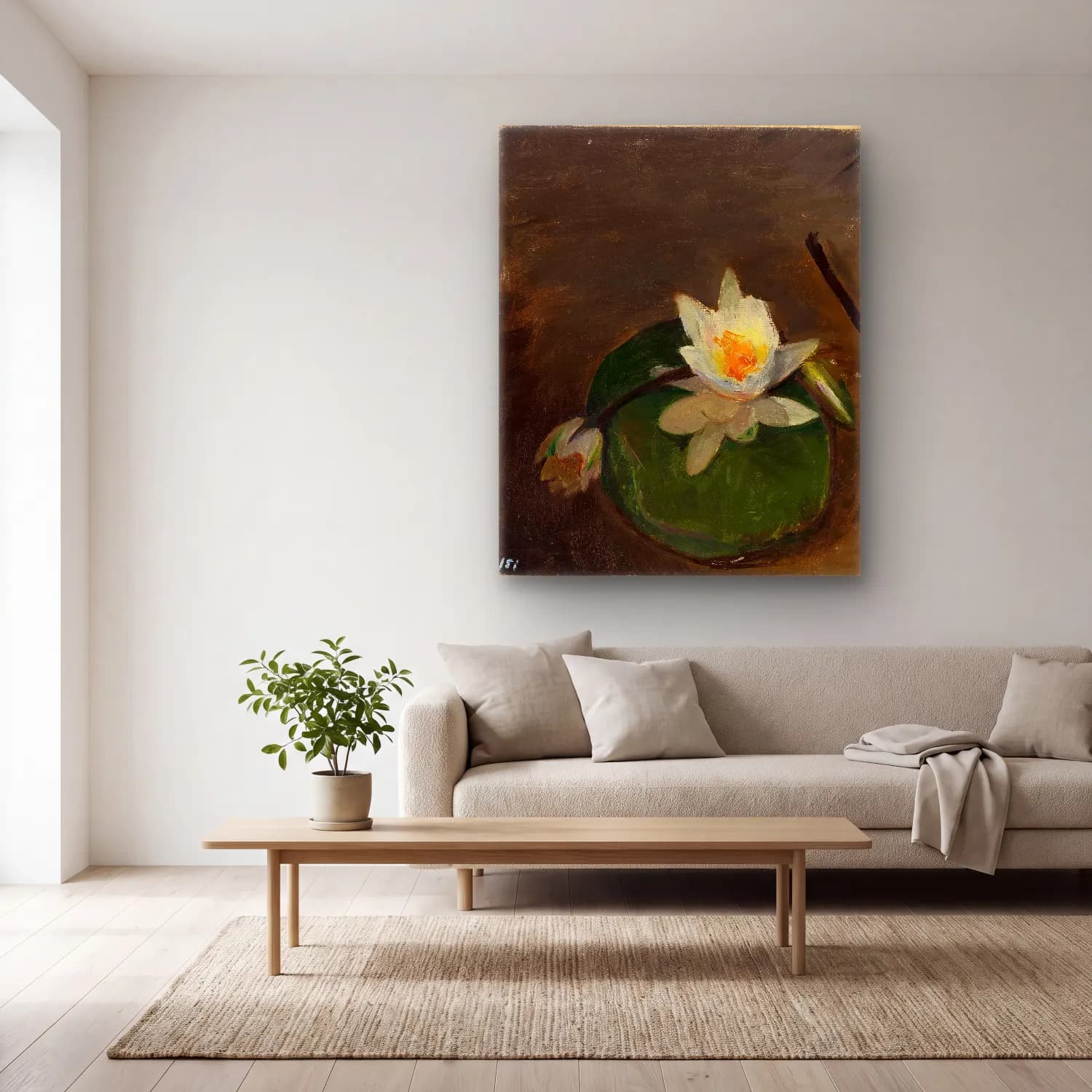 Yağlı Boya Lotus Çiçekleri cam tablo — açık renk salonda