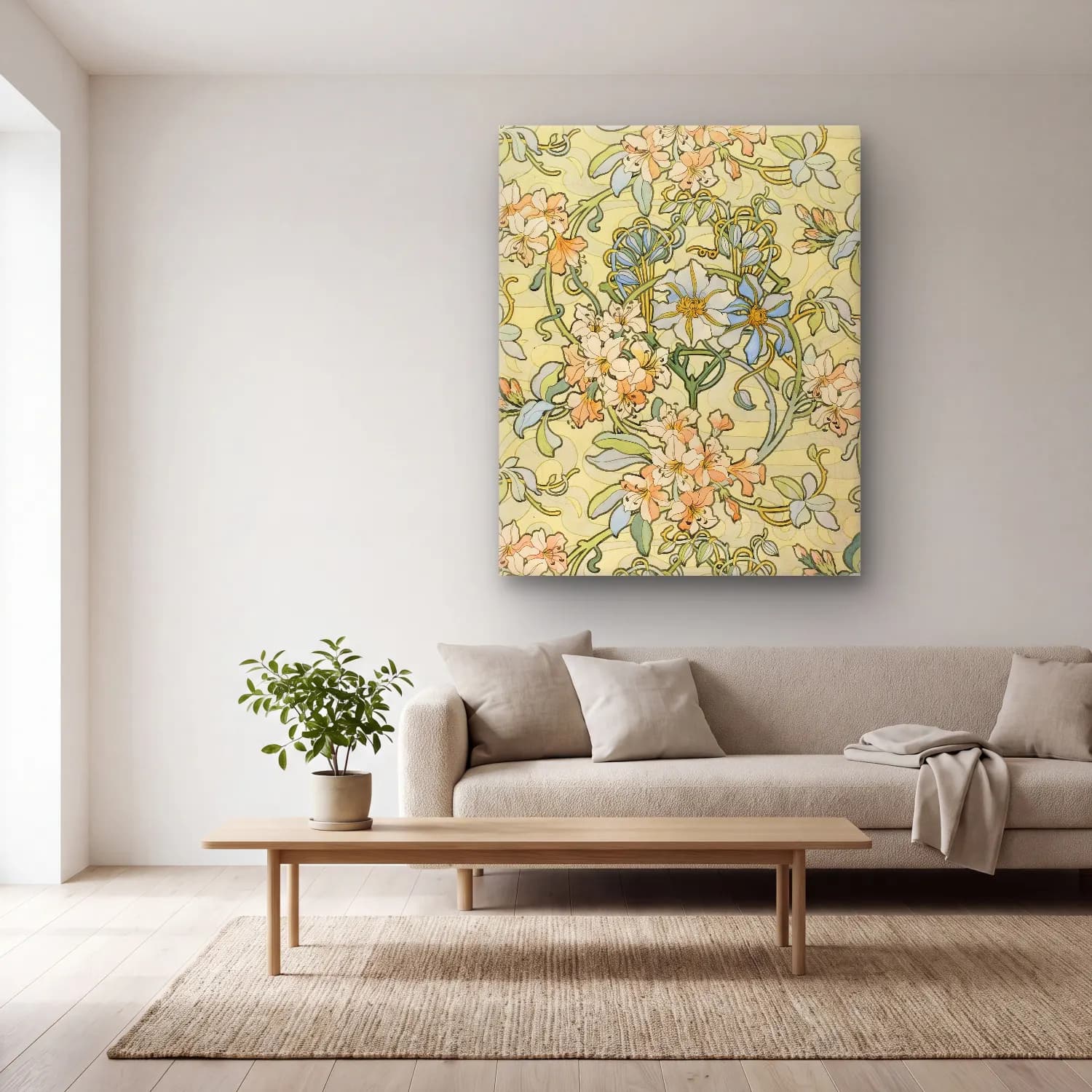 Pastel Çiçek Deseni No. 27 cam tablo — açık renk salonda