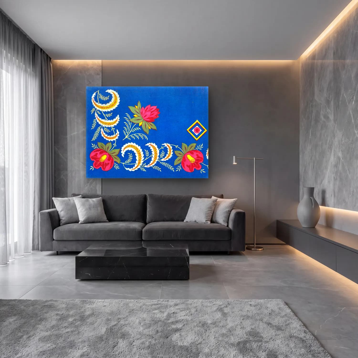 Botanik İllüstrasyon Çiçek Deseni No. 47 cam tablo — lüks salon duvarında