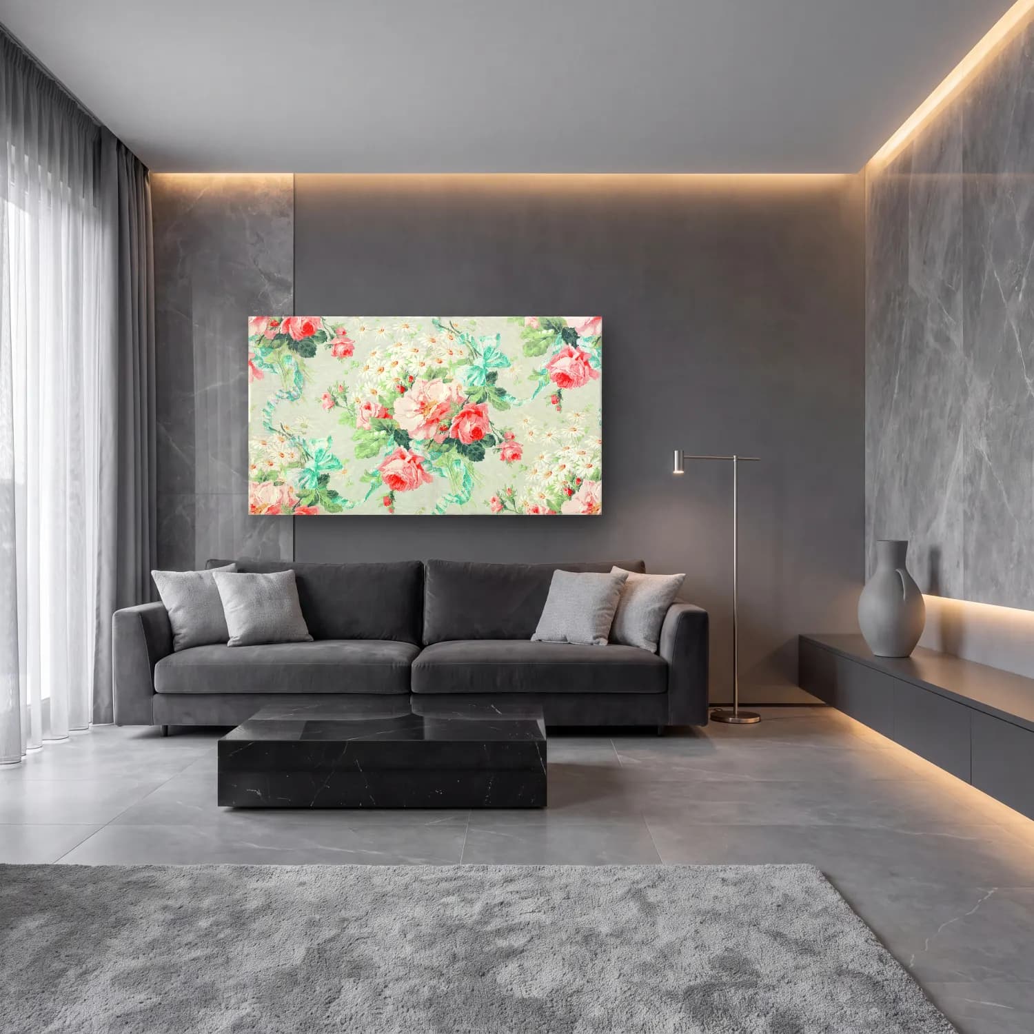 Pastel Çiçek Deseni No. 29 cam tablo — lüks salon duvarında
