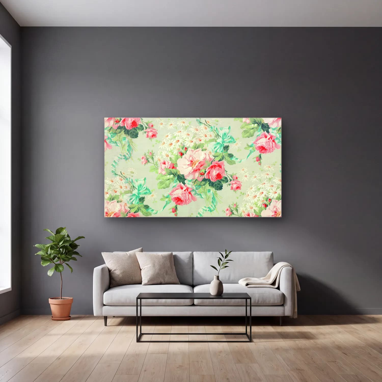 Pastel Çiçek Deseni No. 29 cam tablo — gri duvarlı salonda