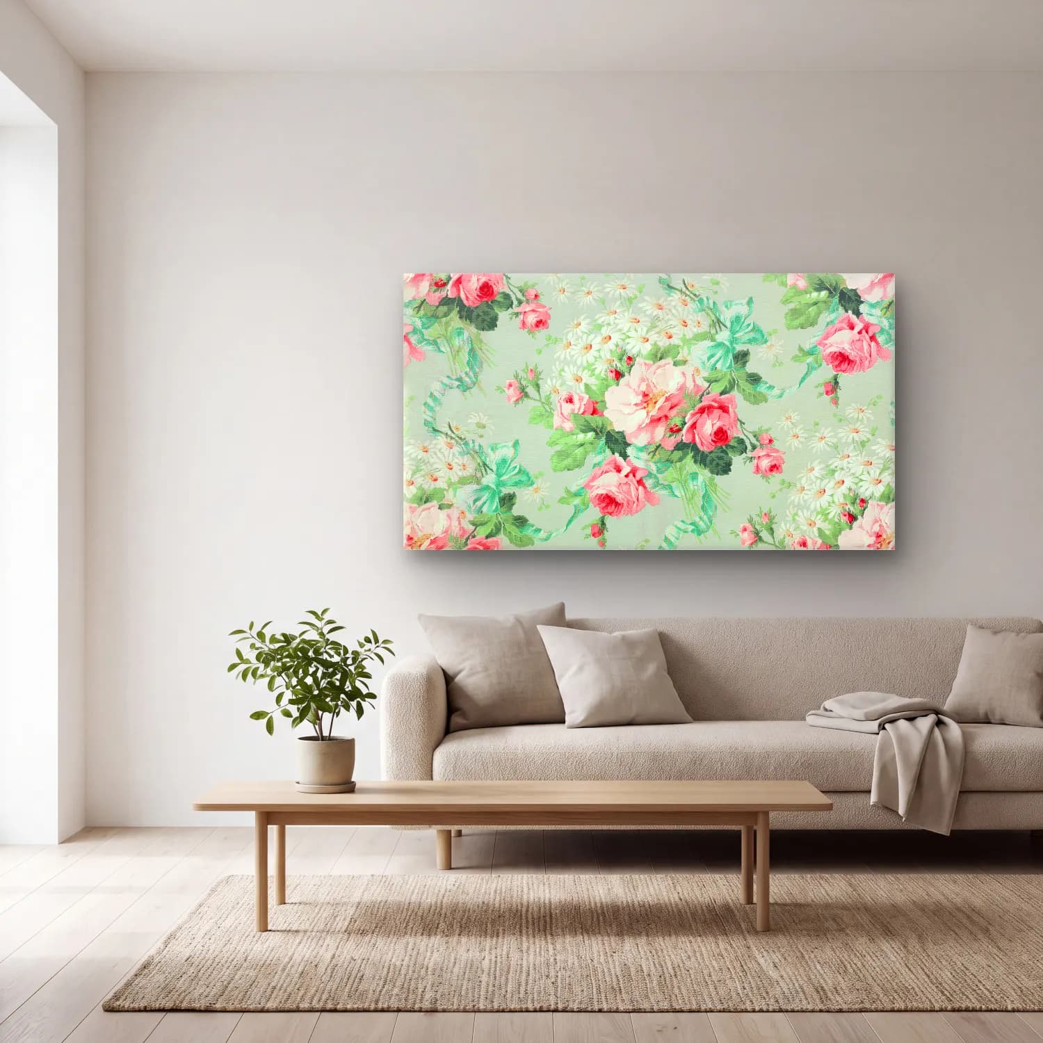 Pastel Çiçek Deseni No. 29 cam tablo — açık renk salonda