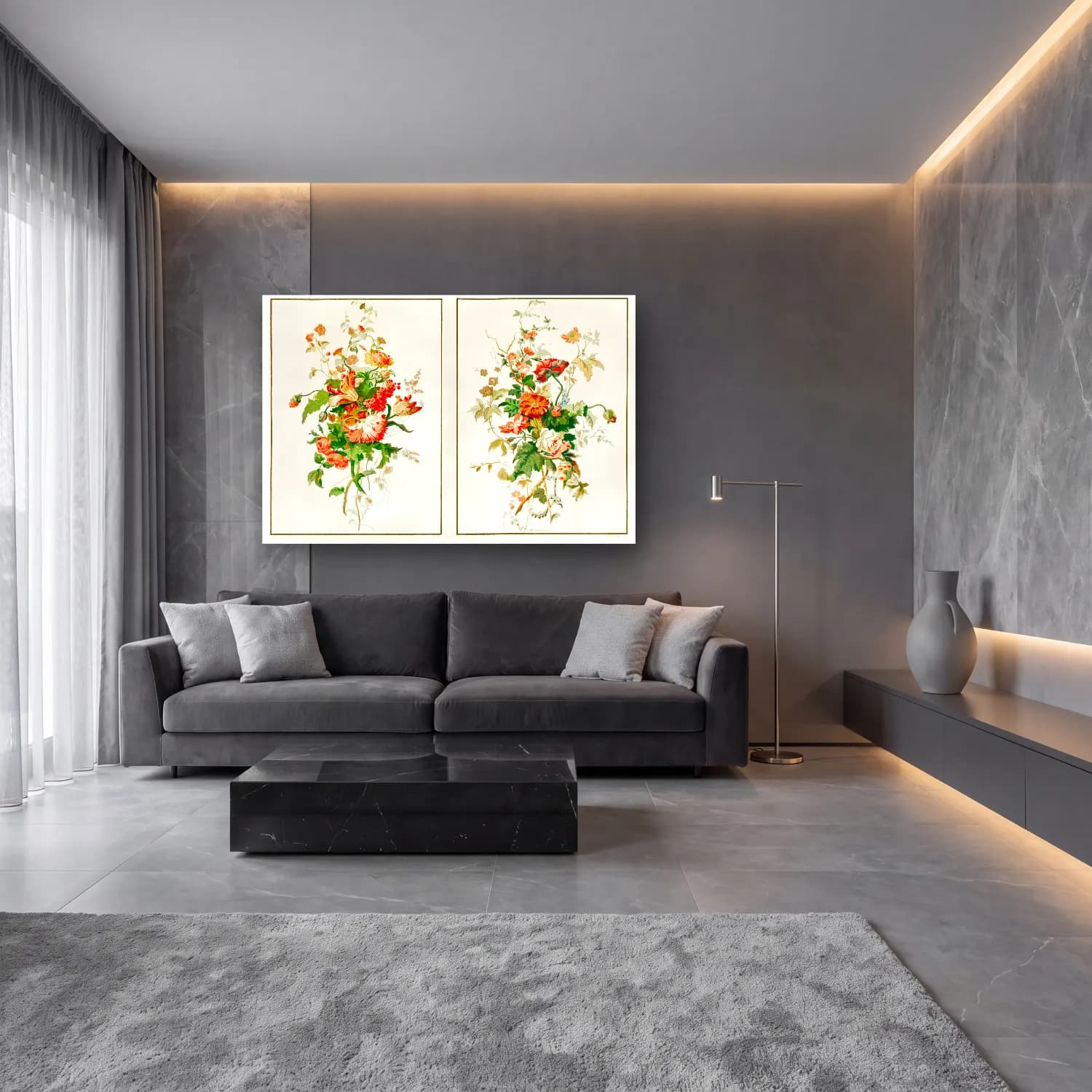 Botanik İllüstrasyon Çiçek Deseni No. 60 cam tablo — lüks salon duvarında