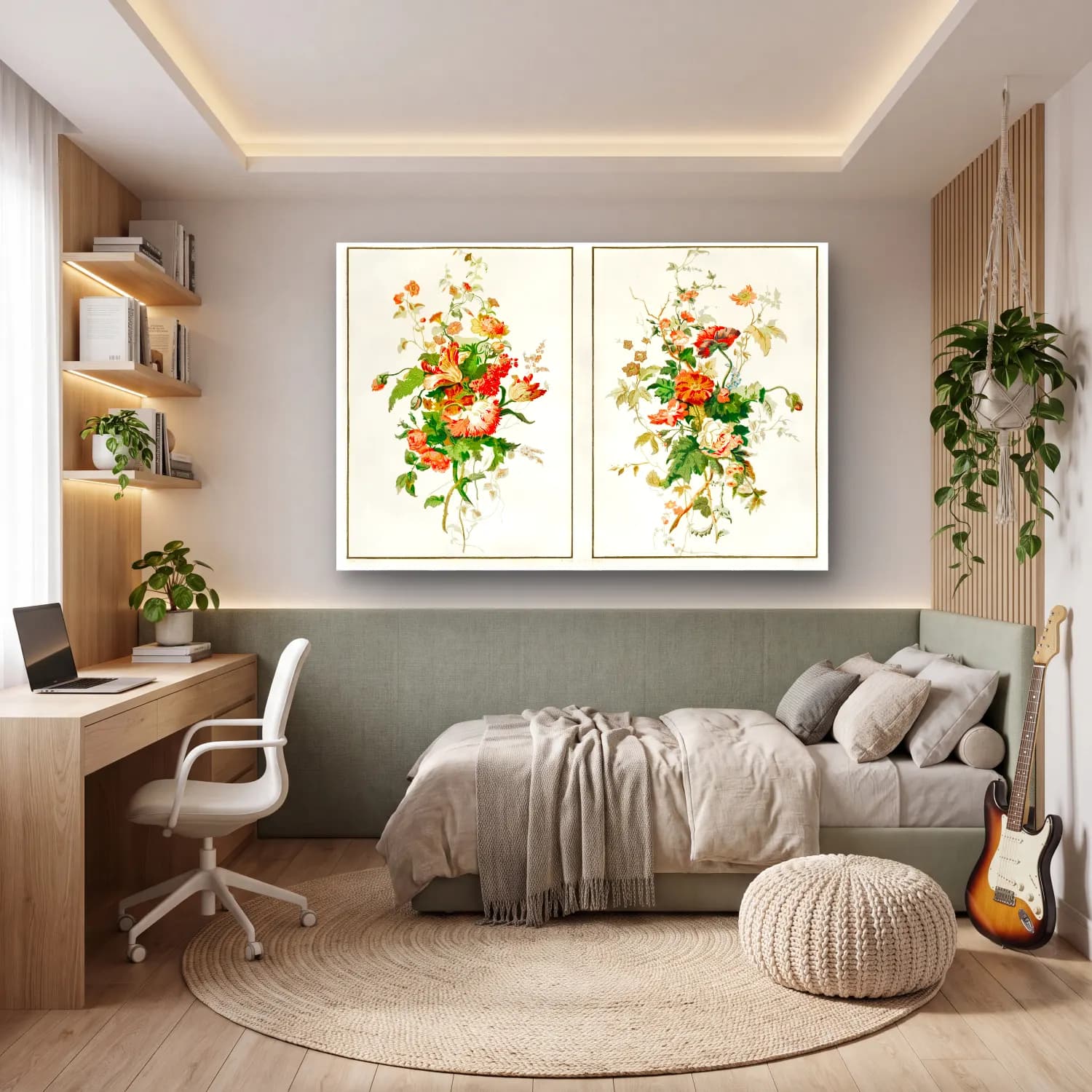Botanik İllüstrasyon Çiçek Deseni No. 60 cam tablo — genç odasında
