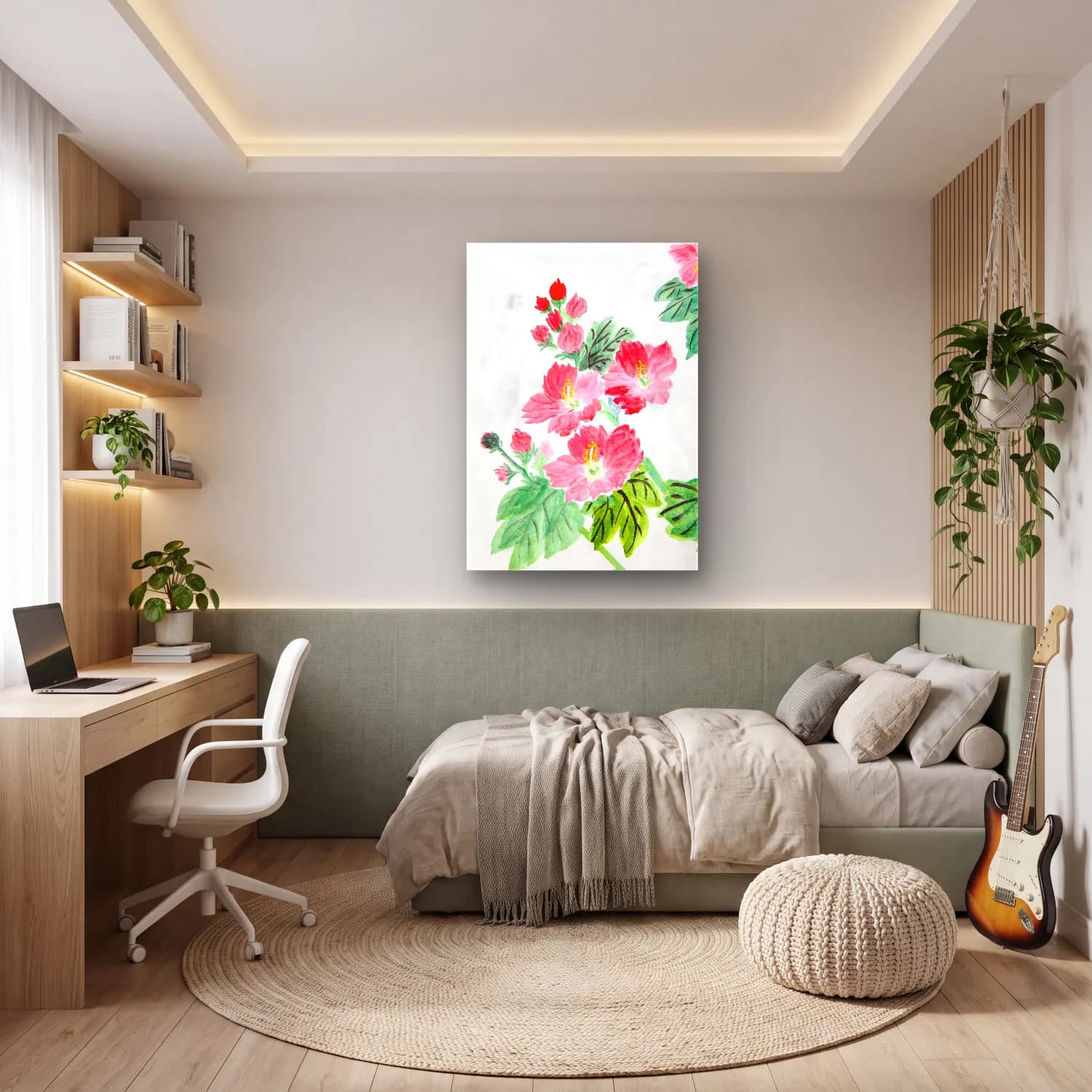 Suluboya Çiçek Deseni No. 4 cam tablo — genç odasında